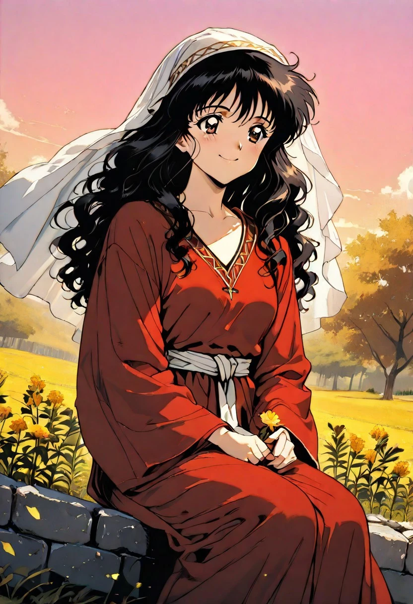 score_9, score_8_up, score_7_up, score_6_up, source_anime,
score_9, score_8_up, score_7_up, anime, warm colors, masterpiece, best quality, amazing quality, girl, ultra detailed, 8k ultra hd,
black hair, perfect brown eyes, long hair, long wavy hair, medium breasts, brown skin, biblical clothing, ancient Israelite, (red:1.3) Wool tunic,long dress, v neck, long loose sleeves, long white linen veil and neckwrap, white linen sash, holding a flower,
evening time, happy, sitting on a stone wall, in a grassy field, under an olive tree, starry eyes, happy, relaxed, hair in motion, wind, spectacularly,beautiful angle, epic, atmospheric,high detail, halftone effect, retro artstyle