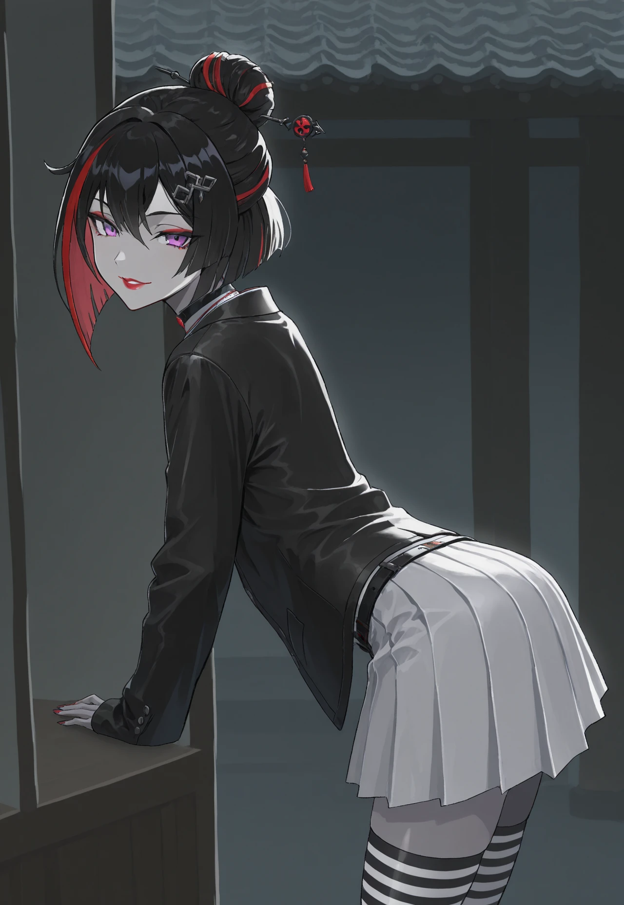 looking at viewer, standing, bent over, back side view, seductive face, Japanese architecture,
MiyakoF, 1girl, solo, grey skin, multicolored hair, streaked hair, red hair, black hair, short hair, hair ornament, hair bun, purple eyes, red lips, choker, necklace, jacket, long sleeves, shirt, belt, pleated white skirt, striped thighhighs,
absurdres, newest, masterpiece, best quality, very aesthetic, MythAn1m3,