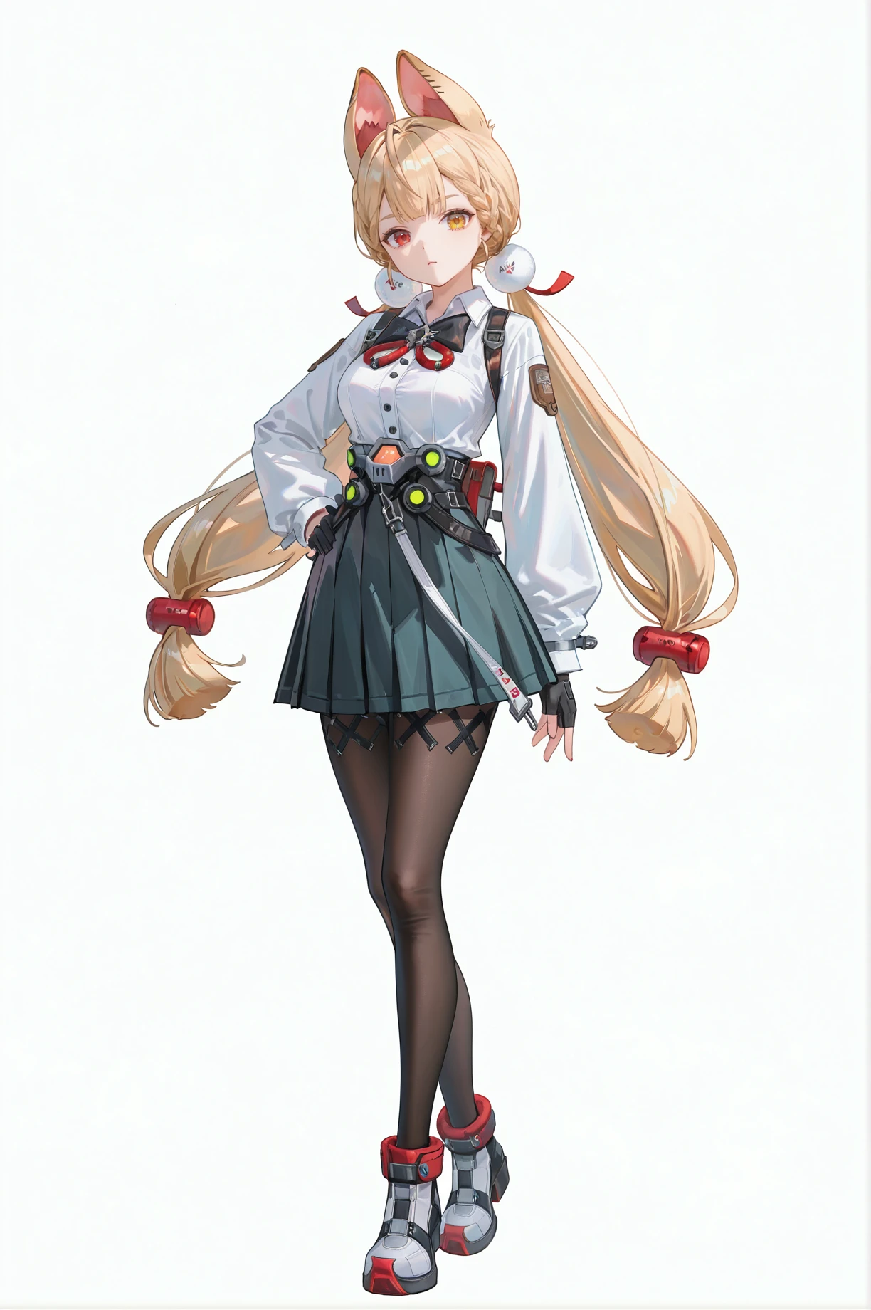 8k,best quality,masterpiece,(ultra-detailed),(high detailed skin),
((artist:reoen),(artist:fuzichoco),(artist:atdan),(artist:torino_aqua),year 2024:0.8)1girl,[artist:wlop],[artist:ningen_mame],artist:ciloranko,[[artist:rhasta]],artist:tidsean,colorful,
jijia,2d,ambient light,
full body,full shot,standing,looking at viewer,(solo:1.2),simple background,(white background:1.2),hand on own hip,(white background:1.1),
<lora:fuaizzz-noob-Tanger:0.8>,
Alice Thymefield (Zenless Zone Zero),clothes: Alicedef clothes,heterochromiam,red eye,yellow eye,Alicedef white shirt,1girl,solo,pantyhose,long hair,Alice animal ears,blonde hair,heterochromia,Alicedef black skirt,twintails,breasts,gloves,black pantyhose,bow,