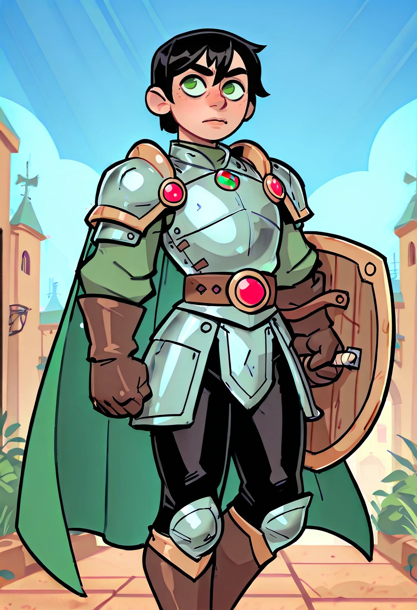 Masterpiece,amazing quality,detailed,newest,man,solo,male focus,black hair,green eyes,short hair,hair between eyes,bangs,green cape,gloves,shoulder armor,coat,long sleeves,gem,knee boots,black pants,belt,footwear,armor,plate armor,holding shield,footwear,outdoors,day,blue skybeautiful background,(rays light:1),(grow:1) mystical,luminism,detailed background,beautiful background),