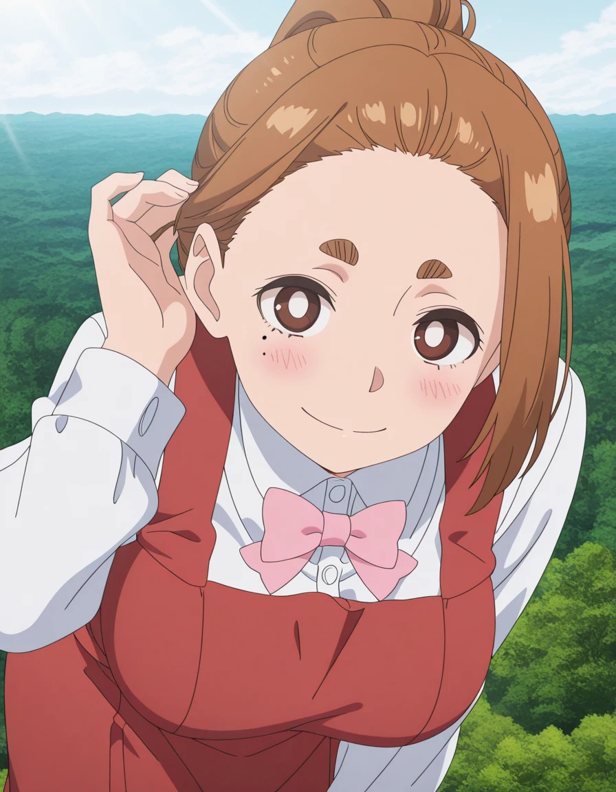 masterpiece, best quality, amazing quality,, <lora:sumireko-ogawa-s1-illustriousxl-lora-nochekaiser:1>, sumireko ogawa, brown hair, brown eyes, thick eyebrows, mole, mole under eye, bangs, ponytail, mature female, breasts, anime screencap, shirt, long sleeves, dress, bow, white shirt, collared shirt, bowtie, red dress, pink bow, pinafore dress, pink bowtie,, <lora:tucking-hair-illustriousxl-lora-nochekaiser:1>, tucking hair, adjusting hair, hand on own hair, hair behind ear, smile, bent over, leaning forward, blush, hand up,, Outdoors, nature, scenery, open_space, sunlight, cowboy shot, solo, looking at viewer,