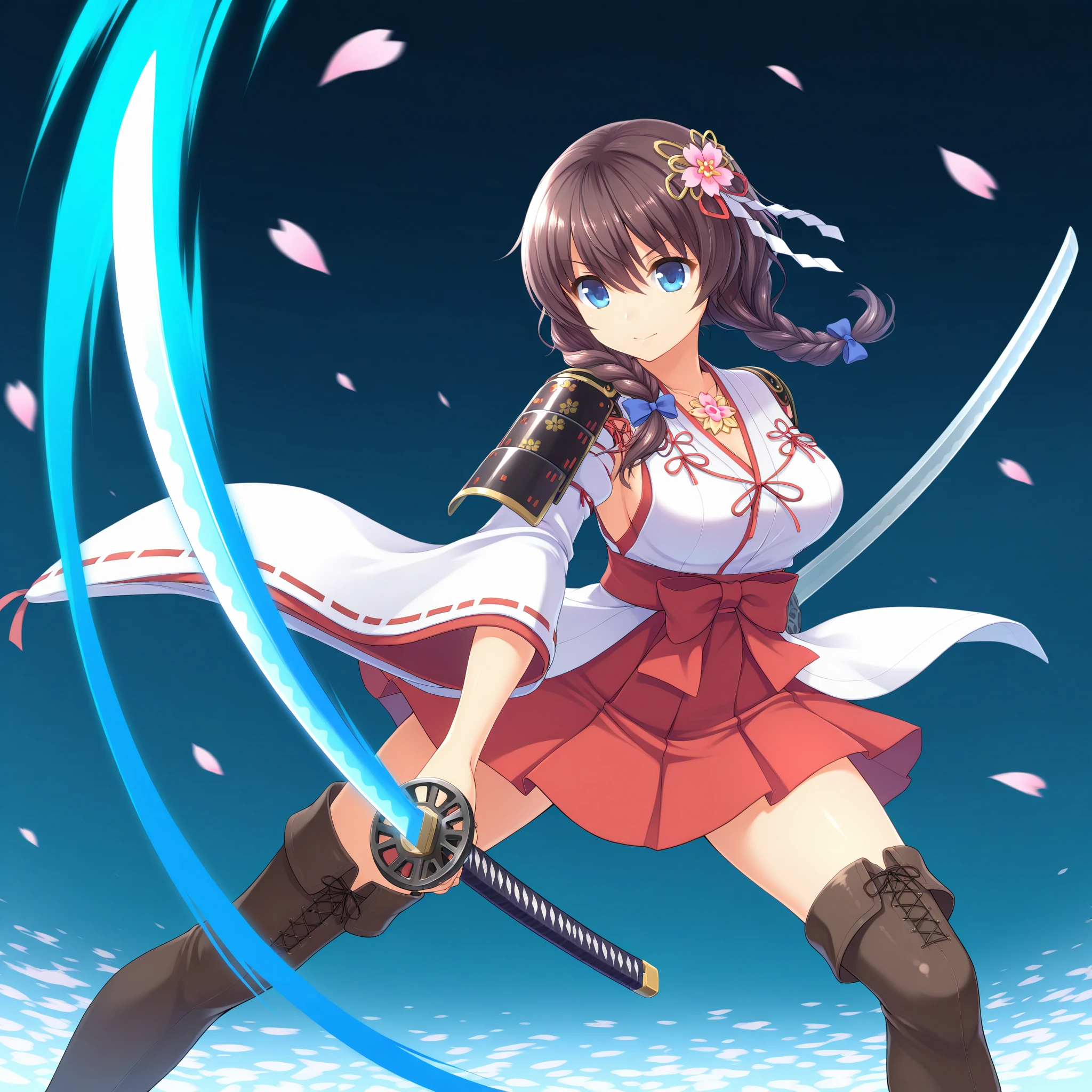 mid-air slash, spinning motion,motion blur,swinging weapon,attack trail, twin braids flying, fluttering sleeves, magical glyphs, sakura petals, crescent slash trails, best quality, amazing quality, newest,detailed face, beautiful eye,1girl, ,<lora:riccaV2.0Dim16alpha4_illustrious:0.8>,ricca_main ,blue eyes ,,brown hair,hair between eyes,hair pulled forward,blue_hair_bow,,twin braids,ricca_miko,hair ornament,japanese armor,japanese clothes,nontraditional miko,shoulder armor ,wide sleeves,ribbon-trimmed sleeves,red skirt,thigh boots,brown footwear,katana,holding katana,two-handed, brooch, flower brooch,chest brooch,