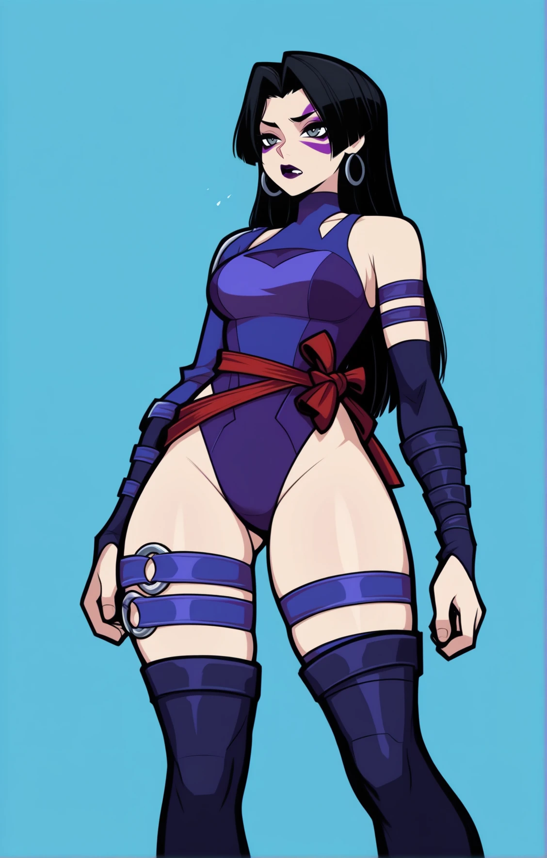 masterpiece, best quality, amazing quality, absurdres,
, , , , , hot, dynamic pose, <lora:psylocke2-e72_s1512:1> Psylocke, 1girl, gray eyes, purple face markings, purple lipstick, parted hair, long black hair,hoop earrings, purple leotard , long sleeve, single shoulder, red waistband, exposed legs, <lora:necrodancerStyle_illustrious_byJaneB:1.2> necrodancerStyle