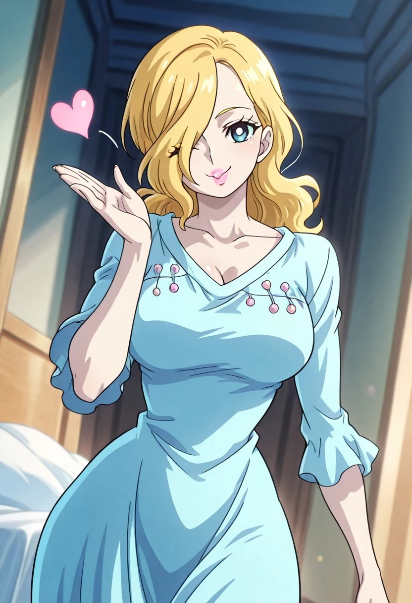 VinsmokeSoraOP, 1girl, solo, pale skin, long hair, blonde hair, curly hair, hair over one eye, dark blue eyes, full lips, pink lipstick, makeup, large breast, long dress, light blue dress, dress ornament, elbow length sleeves, cleavage, collarbone, thick thighs, frills, barefoot,
masterpiece, best quality, fine details, intricate details, depth of field, subsurface scattering, bokeh, ultra-detailed, very aesthetic, detailed background, newest, scenery, highres, absurdres, colorful, vibrant, glowing, perfect face, 2d, perfect eyes, vibrant saturated colors, volumetric lighting, sharp, detailed eyes, perfect anatomy, perfect face, perfect eyes, mature body, clear eyes, beautiful eyes, athletic, curvy body, athletic girl, perky tits, perfect tits, round breasts, pinup pose, teasing, lustful expression, perfect hands,
muscular female, dutch angle, dynamic pose,
upper body, walking, posh, waving at viewer, head tilt, hand up, shiny pupils, looking at viewer, facing viewer, smile, blowing kiss, puckered lips, heart, one eye closed, o3o, bedroom,
,Smooth Negative, Smooth_Quality,
dark_fantasy_style, dark fantasy, retro,