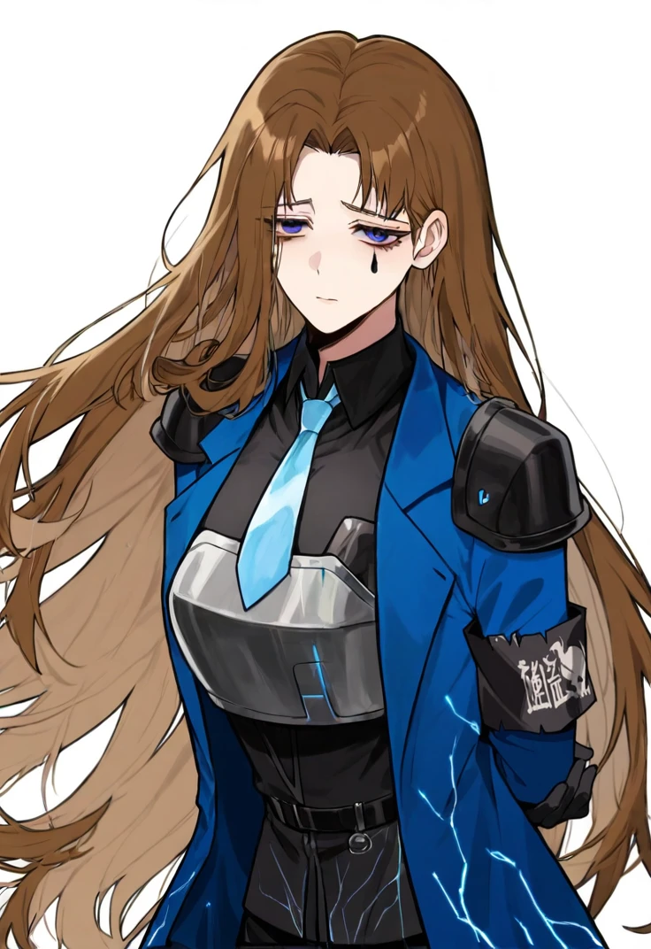 masterpiece, perfect face, beautiful face, perfect hands, beautiful hands, <lora:Rodion_Limbus_Illustrious_V3:1>, 1girl, solo, RodionLimbus, long hair, brown hair, blue eyes, RodionKoD, single black Teardrop tattoo under eye, black shirt, black breastplate, blue long necktie, blue coat, open coat, black shoulder pads, black gloves, grey armband, black pants, upper body, portrait, simple white background, sad face, looking at viewer, hands behind back
