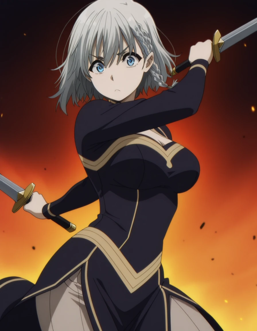 masterpiece, best quality, amazing quality,, <lora:shadow-beta-s1-illustriousxl-lora-nochekaiser:1>, beta, short hair, blue eyes, braid, grey hair, mature female, medium breasts, anime screencap, <lora:dynamic-pose-illustriousxl-lora-nochekaiser:1>, dynamic pose, holding weapon, weapon, holding, dual wielding, cowboy shot, ,