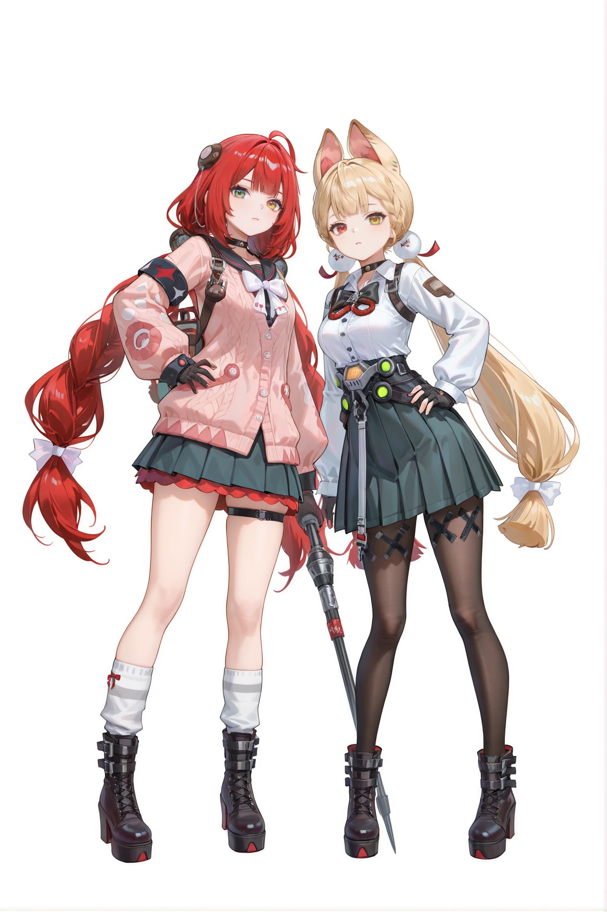 8k,best quality,masterpiece,(ultra-detailed),(high detailed skin),
((artist:reoen),(artist:fuzichoco),(artist:atdan),(artist:torino_aqua),year 2024:0.8)1girl,[artist:wlop],[artist:ningen_mame],artist:ciloranko,[[artist:rhasta]],artist:tidsean,colorful,
jijia,2d,ambient light,
full body,full shot,standing,looking at viewer,simple background,(white background:1.2),hand on own hip,(white background:1.1),
<lora:fuaizzz-noob-Tanger:0.8>,
2girls BREAK
Ukinami Yuzuha \(Zenless Zone Zero\),clothes: Yuzuhadef clothes,single thighhigh,green eyes,long hair,red hair,striped,boots,Yuzuhadef skirt,looking at viewer,cardigan,very long hair,simple background,bangs,asymmetrical legwear,long sleeves,choker,twin braids,white bow,socks BREAK
Alice Thymefield \(Zenless Zone Zero\),clothes: Alicedef clothes,heterochromiam,red eye,yellow eye,Alicedef white shirt, pantyhose,long hair,Alice animal ears,blonde hair,heterochromia,Alicedef black skirt,twintails,breasts,gloves,black pantyhose,bow,BREAK