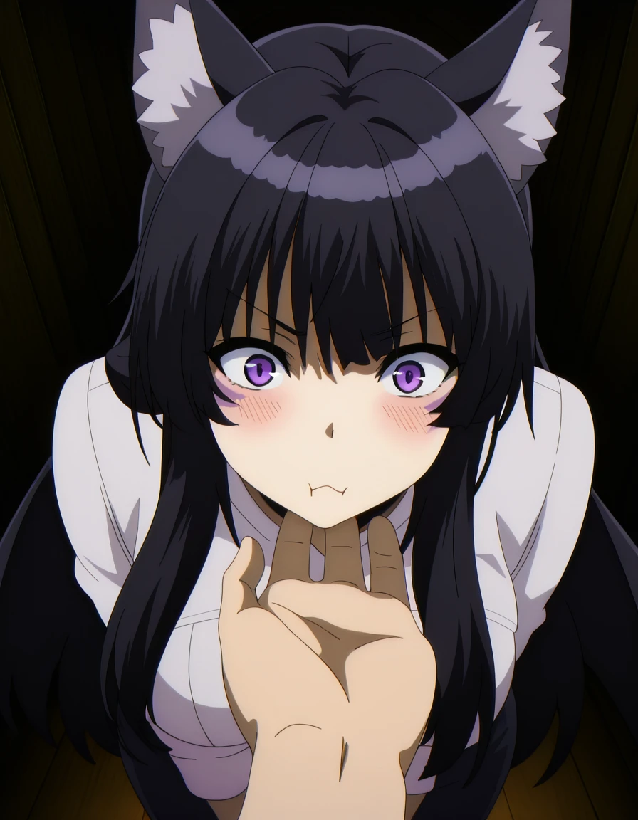 masterpiece, best quality, amazing quality,, <lora:shadow-delta-s1-illustriousxl-lora-nochekaiser:1>, delta, long hair, black hair, animal ears, purple eyes, cat ears, animal ear fluff, facial mark, mature female, medium breasts, anime screencap, <lora:stroking-anothers-chin-pov-illustriousxl-lora-nochekaiser:1>, stroking another's chin pov, stronking another's chin, pov, pov hands, blush, cowboy shot, ,