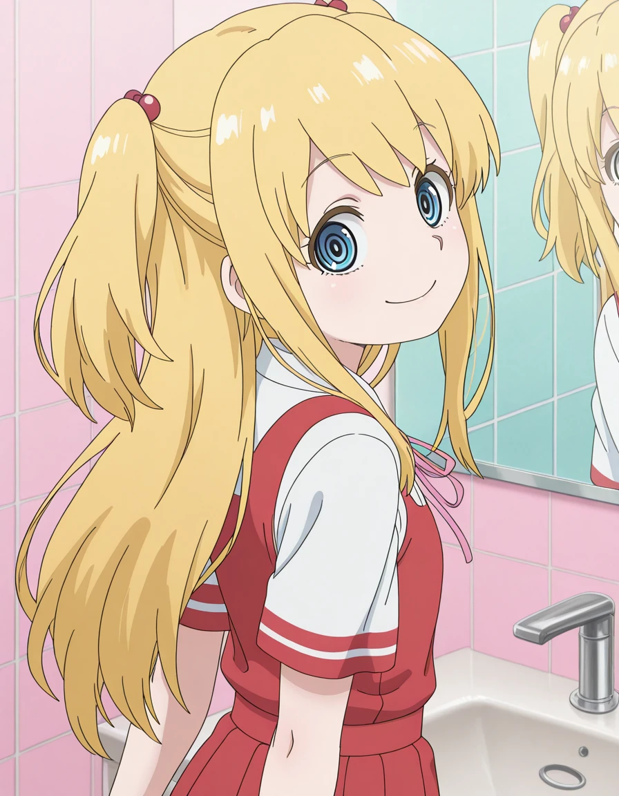 masterpiece, best quality, amazing quality,, <lora:nodoka-ametsuchi-s1-illustriousxl-lora-nochekaiser:1>, nodoka ametsuchi, long hair, blue eyes, blonde hair, hair ornament, two side up, anime screencap, skirt, shirt, ribbon, short sleeves, neck ribbon, red dress,, <lora:shaft-look-illustriousxl-lora-nochekaiser:1>, shaft look, looking back, from behind, head tilt, upper body, smile,, bathroom, tiles, mirror, sink, toiletries, cowboy shot, solo, looking at viewer,