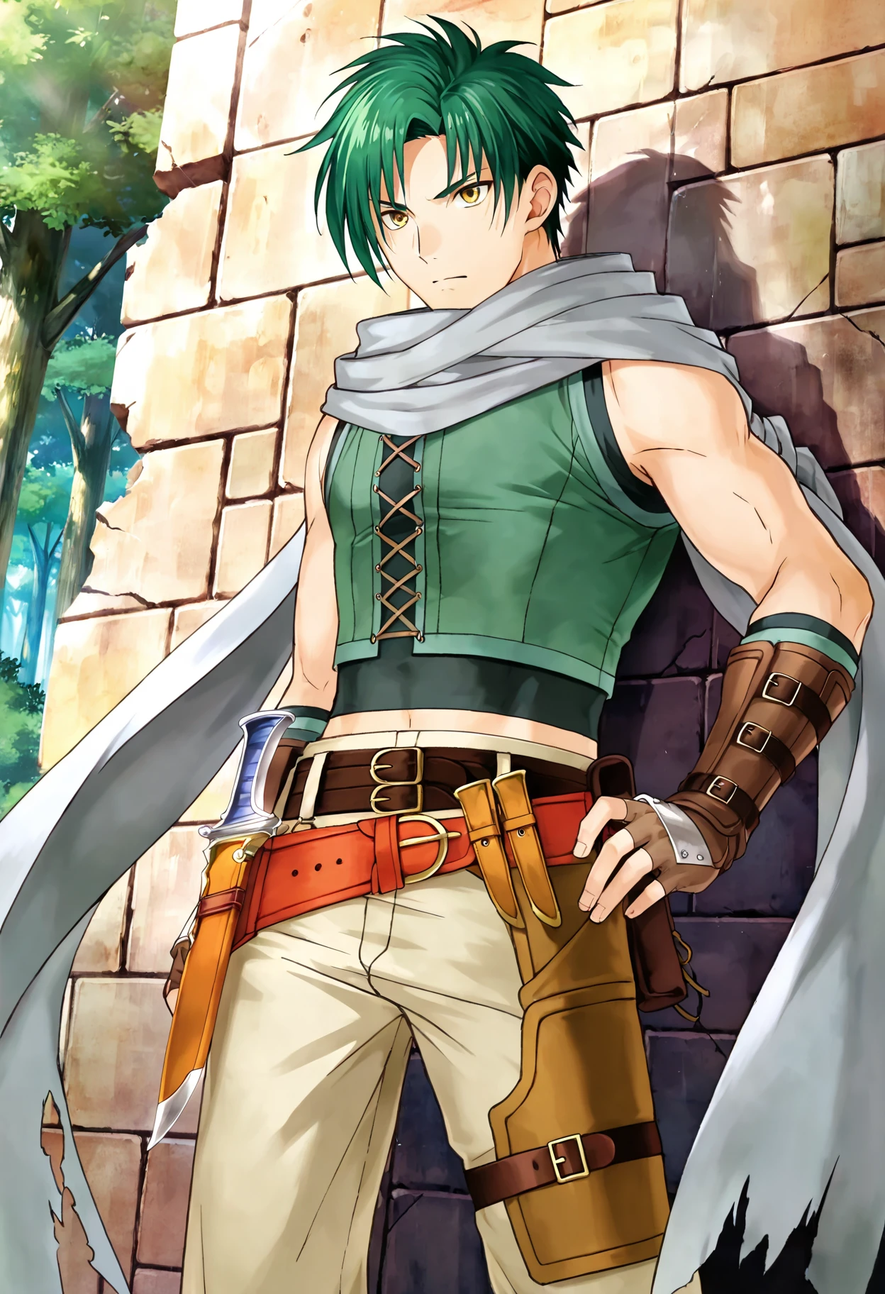 score_9, score_8_up, score_7_up, source_anime, official artstyle, anime screencap, highly detailed,1boy, solo, male focus, perfect composition, good shading, masterpiece, masterwork, best quality, absurdres, hyper-detailed, 8k uhd:1.2, amazing quality, very aesthetic, high resolution, ultra-detailed, newest, official art, 1boy, solo, male focus, outdoors, forest, ruins, hiding behind half-destroyed wall, green shirt, crop top, grey long scarf, fingerless long gloves, belts, holster, beige pants, dagger in hand,sothe,((adult)),green hair,yellow eyes