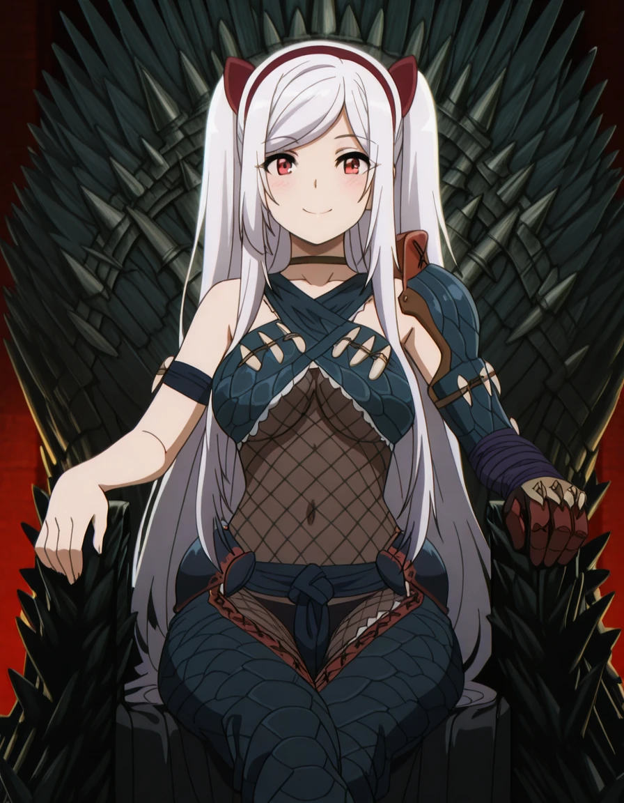 masterpiece, best quality, amazing quality,, <lora:alexia-midgar-s1-illustriousxl-lora-nochekaiser:1>, alexia midgar, long hair, very long hair, hair ribbon, white hair, red eyes, sidelocks, ribbon, mature female, medium breasts, anime screencap, <lora:nargacuga-armor-illustriousxl-lora-nochekaiser:1>, nargacuga armor, fake animal ears, armor, blush, bodystocking, fishnet bodystocking, fishnets, midriff, nargacuga (armor), navel, thigh gap, underboob, spiked armor, baggy pants, black panties, criss-cross halter, gauntlets, greaves, hairband, halterneck, pants, pauldrons, shoulder armor, single gauntlet, single pauldron,, <lora:iron-throne-illustriousxl-lora-nochekaiser:1>, iron throne, sitting, looking at viewer, sword, throne, sitting on throne, smile, feet out of frame, elbow rest, crossed legs, ,