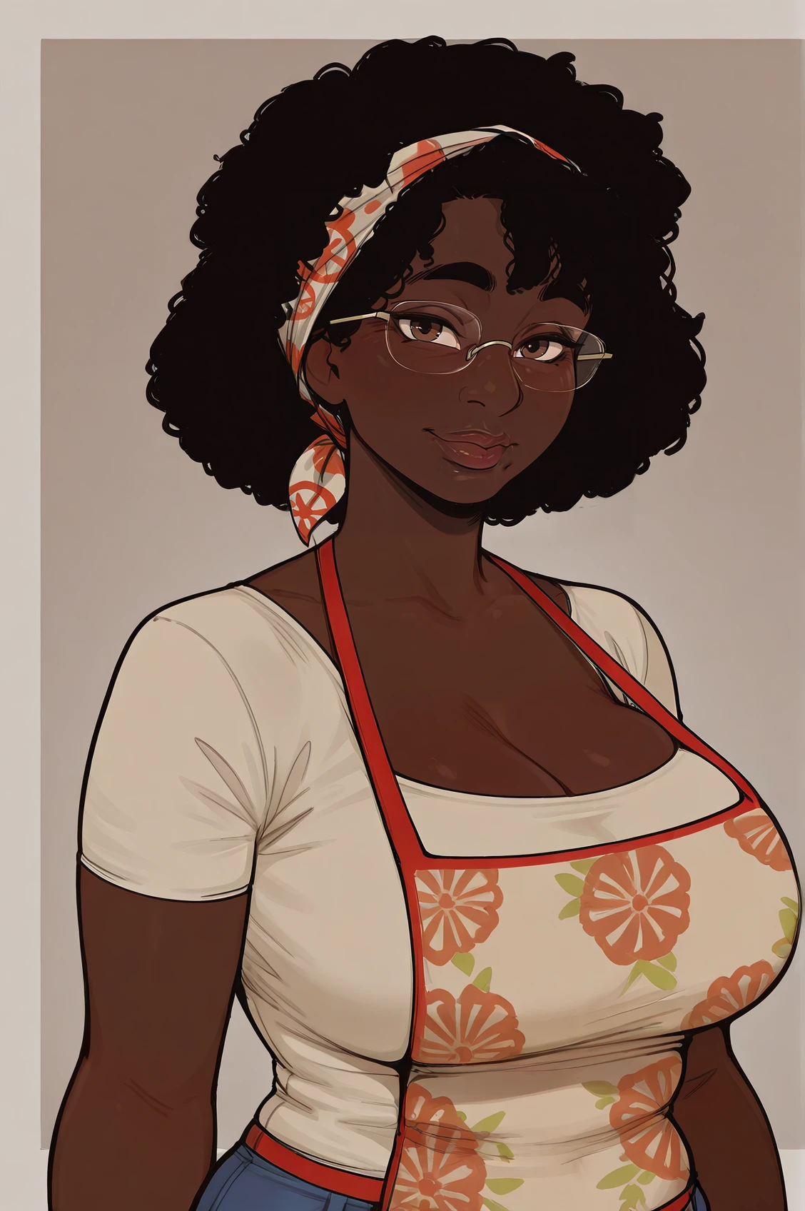 masterpiece, best quality, absurdres,
1girl, mature female, , curvy, looking at viewer, lips, smile, upper body, cleavage, short sleeves, simple background,
 <lora:Ms_Jasmin:1> ms_jasmin, dark skin, very dark skin, black hair, brown eyes, afro, bandana, glasses,