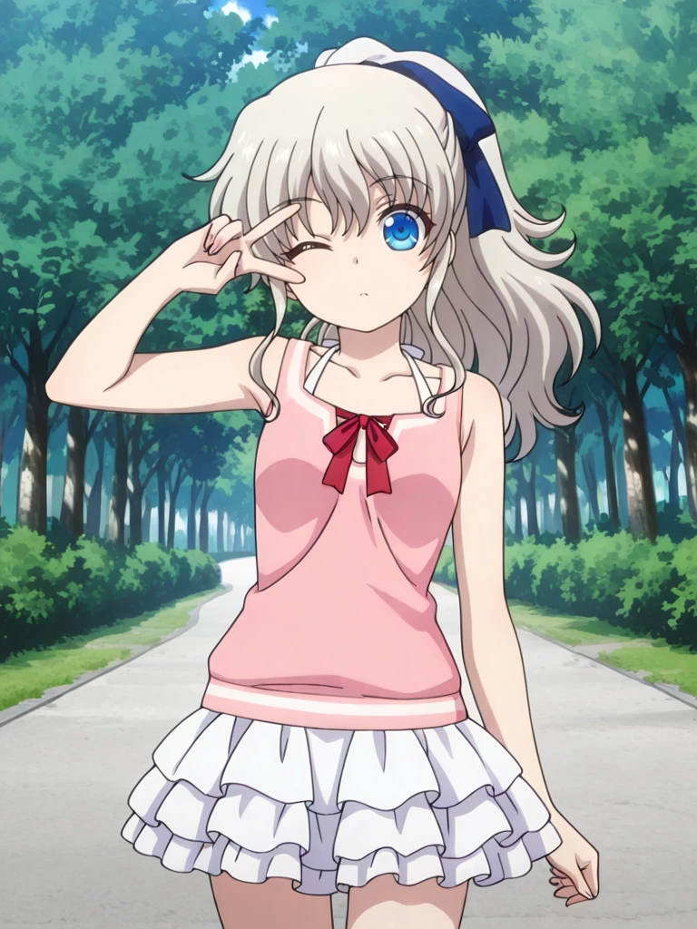 32k, Super-Resolution, <lora:illustrious_quality_modifiers_masterpieces_v1:1> masterpiece, (very aesthetic:1.2), absurdres, Digital Art, lazypos, 16-bit RGB, Artwork,(detailed:1.3) , <lora:StS-Illustrious-Detail-Slider-v1.0:3.5>, depth of field, <lora:dynamic-pose-illustriousxl-lora-nochekaiser:1> , (dynamic pose:1.5), <lora:anime_screencap:1> anime coloring,
BREAK, <lora:Nao_Tomori:1>,tomori nao, silver hair,long hair, bangs, blue eyes, anime screenshot,naoDailyDress, hair ribbon, blue ribbon, ponytail, pink shirt, sleeveless, neck ribbon, red ribbon,neck ribbon, red ribbon, white layered skirt, miniskirt, frills, outdoors, looking at viewer, walking, v over eye, one eye closed,