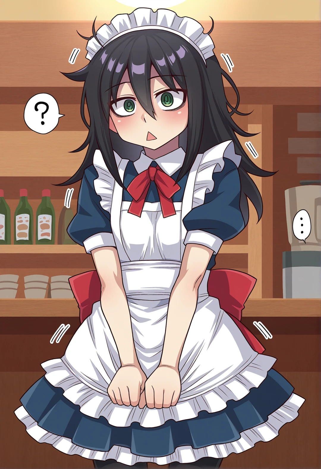 <lora:MCNsVFutanarunNL:1> MCNsVFtnrn,1girl, kuroki tomoko, black hair, solo, green eyes, apron, bags under eyes, pantyhose, long hair, white apron, maid headdress, maid, dress, hair between eyes, short sleeves, frills, heart, black pantyhose, alternate costume, looking at viewer, frilled apron, blush, puffy short sleeves, blue dress, maid apron, ribbon, puffy sleeves, bow, red ribbon, ?, enmaided, messy hair, red bow, cowboy shot, triangle mouth, collared dress, ..., neck ribbon, trembling, spoken question mark, spoken ellipsis, frilled dress, back bow, wide-eyed,cafe, red_interior, dutch angle, night,,masterpiece,best quality,amazing quality