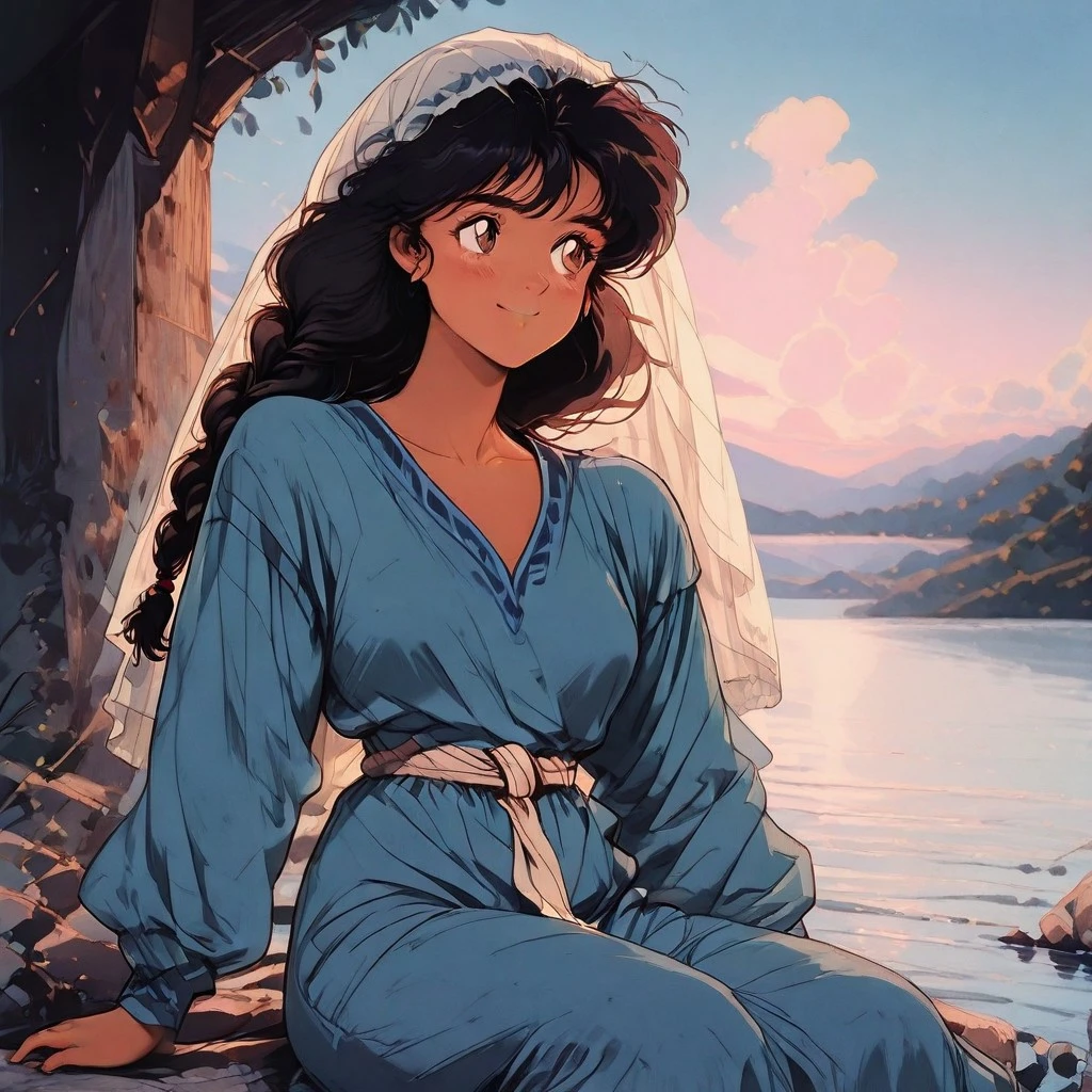 masterpiece, high_quality, highres, detailed_eyes, detailed, masterpiece, best quality, absurdres, 8k, HDR, face_focus, high quality, very_awa, newest, absurdres, highres, depth_of_field, realistic_skin, pinkretroanime, retro art, girl, ultra detailed, 8k ultra hd, from the side angle, looking to the side,
black hair, brown eyes, long hair, long braid hair, medium breasts, brown skin, biblical clothing, ancient Israelite, indigo Wool tunic,long dress, v neck, long loose sleeves, long white linen veil, white linen sash, happy, calm smile, pink blue gradient sky, fluffy clouds,
day time, summer season, sitting, on a rocky path, rocky river, olive trees, watercolor