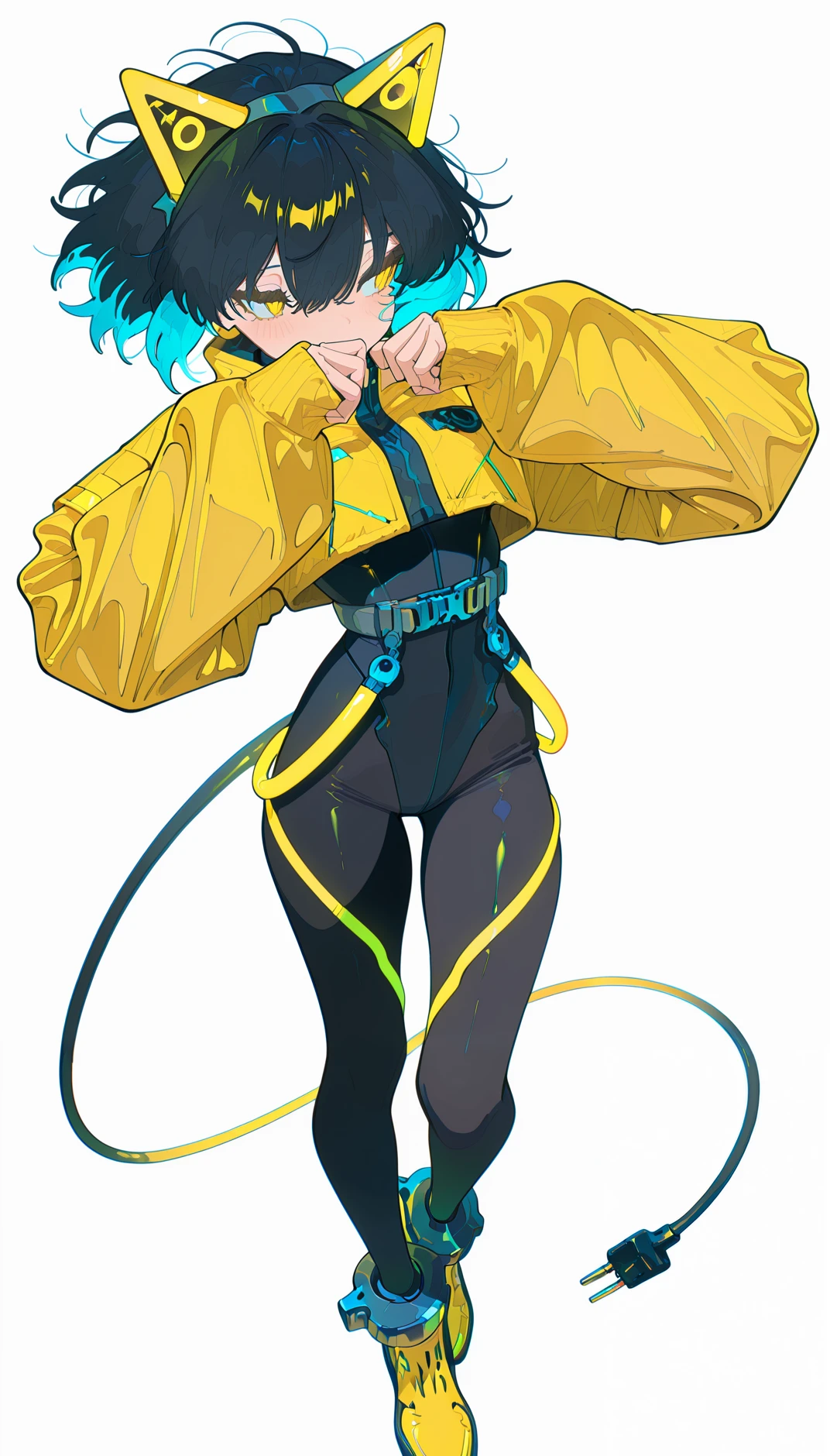 masterpiece, best quality, amazing quality, very aesthetic, absurdres, newest, scenery,
, shy, averting eyes, looking to the side , Dancing in a tango pose, full body, from above, , electrocat, 1girl,
black hair, short hair, multicolored hair, yellow highlights, blue highlights,
cat ears, cyber ears, glowing accents, yellow eyes,
yellow jacket, oversized sleeves, cropped jacket,
black , skin-tight, high-waist belt, utility straps, harness,
futuristic boots, yellow boots, black and yellow shoes, ankle cuffs,
electric plug tail,
dynamic poses, ,
simple background, white background,, animated, dynamic angle, close-up,portrait, fisheye lens, detailed face,colorful, close-up, masterpiece, best quality, amazing quality, very aesthetic, absurdres, newest, scenery, volumetric lighting