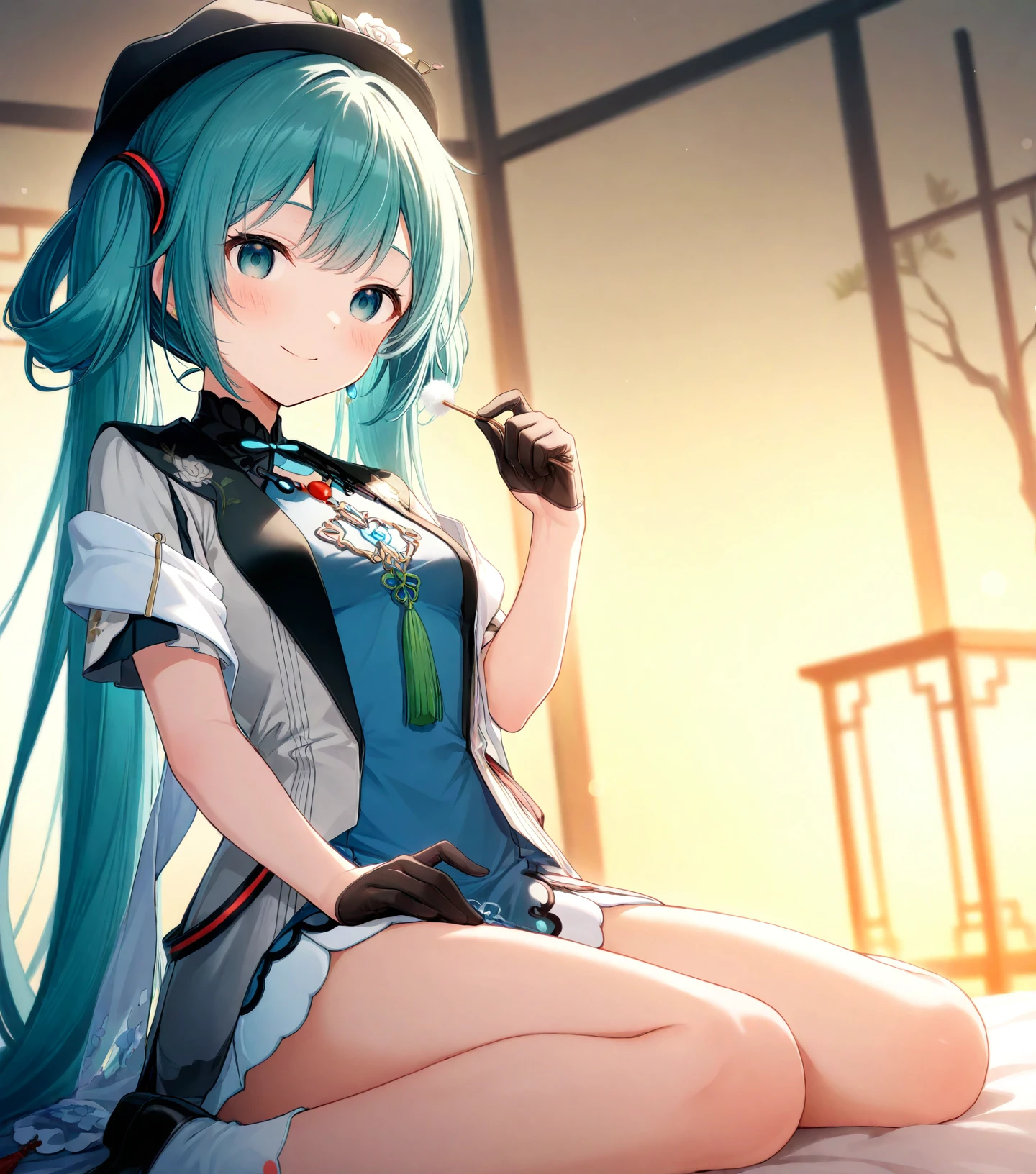 1girl, solo,
hatsune miku \(miku with you 2021\), 1girl, hatsune miku, very long aqua hair, hair rings, aqua eyes, twintails, black headwear, hat flower, white rose, black half gloves, chinese clothes, jewelry, blue dress, shawl, tassel, white socks, black footwear, legs,
sitting, wariza, lap pillow invitation, mimikaki, holding earpick,
empty eyes, hypnotized eyes, looking at viewer, dynamic angle,
smile, blush, aroused,
indoors, chinese garden,
vibrant colors, hyper-detailed,
depth of field, bokeh, blurry background, soft focus, extremely detailed background,
prsk style, project sekai,
masterpiece, high score, great score, very aesthetic, absurdres,
<lora:MikuWithYou2021_anynoob_B:1>