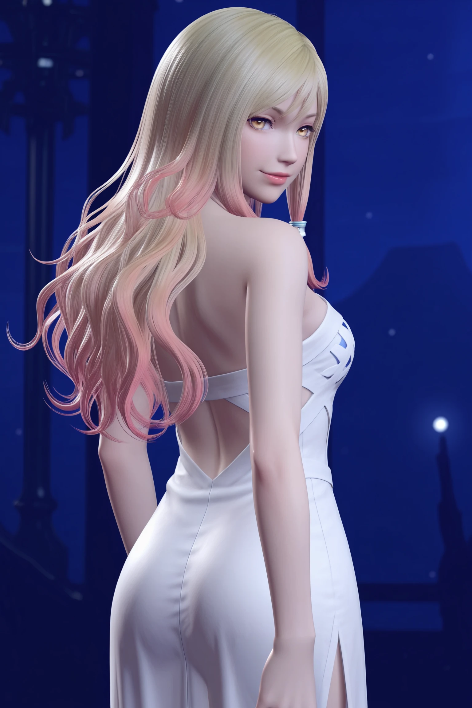 detailed face, masterpiece, best quality, very aesthetic, absurdres, volumetric lighting, official art, amazing quality, ultra detailed, highres, scenery, beautiful detailed hair, beautiful detailed eyes,
<lora:Materia_Dissidia_Final_Fantasy_NT:.8>
Materia (character), 1girl, solo, blonde hair, golden eyes, gradient hair, multicolored hair, long hair, looking at viewer, seductive smile, 3d, 3d character, 3d game, cowboy shot, view from behind, looking back at the viewer,
(no crown, no headwear, no dress:1.5)