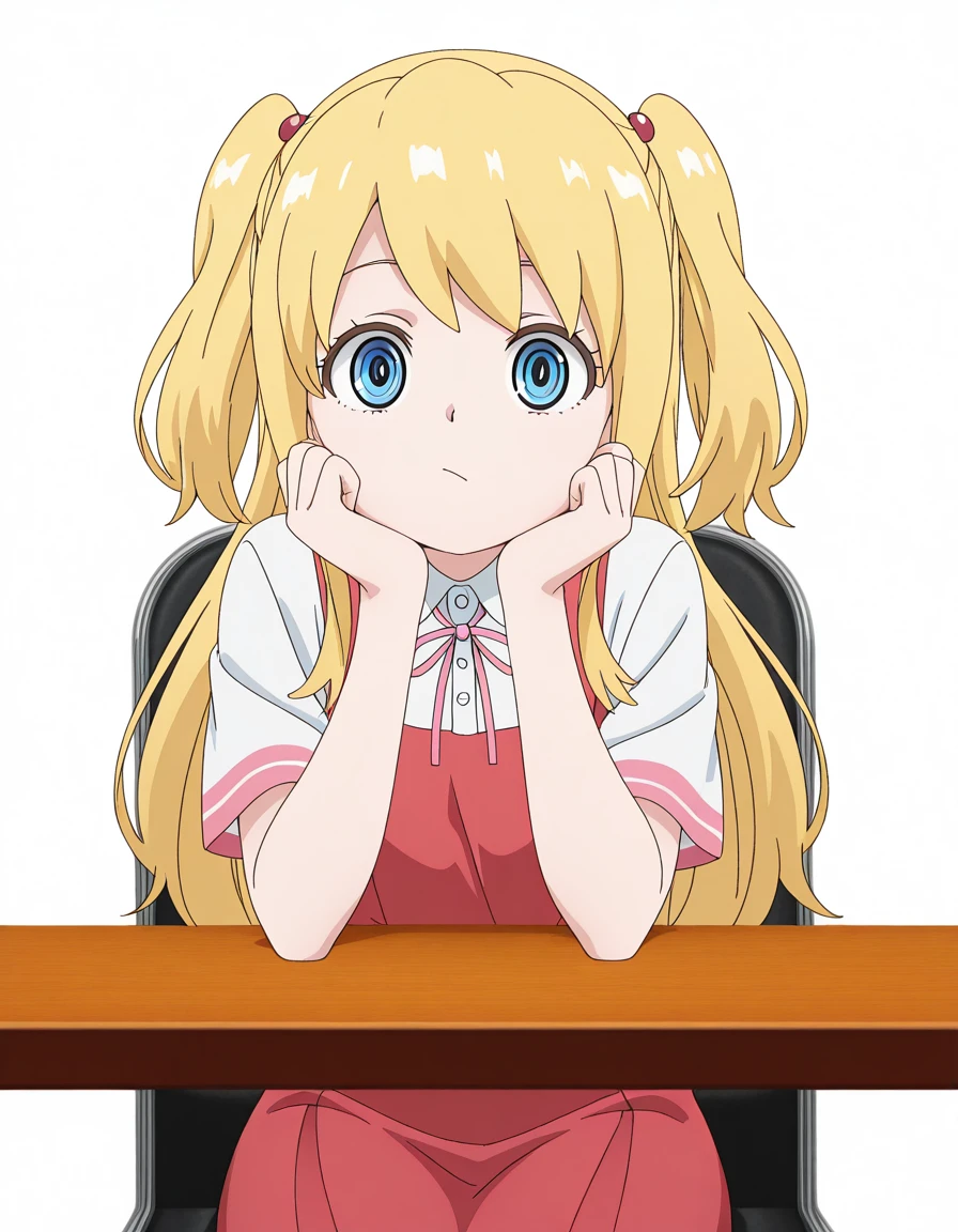 masterpiece, best quality, amazing quality,, <lora:nodoka-ametsuchi-s1-illustriousxl-lora-nochekaiser:1>, nodoka ametsuchi, long hair, blue eyes, blonde hair, hair ornament, two side up, anime screencap, skirt, shirt, ribbon, short sleeves, neck ribbon, red dress,, sitting, head rest, table,, runway, landing, lights, speed, takeoff, cowboy shot, solo, looking at viewer, <lora:transparent-background-illustriousxl-lora-nochekaiser:1>, transparent background, simple background, white background