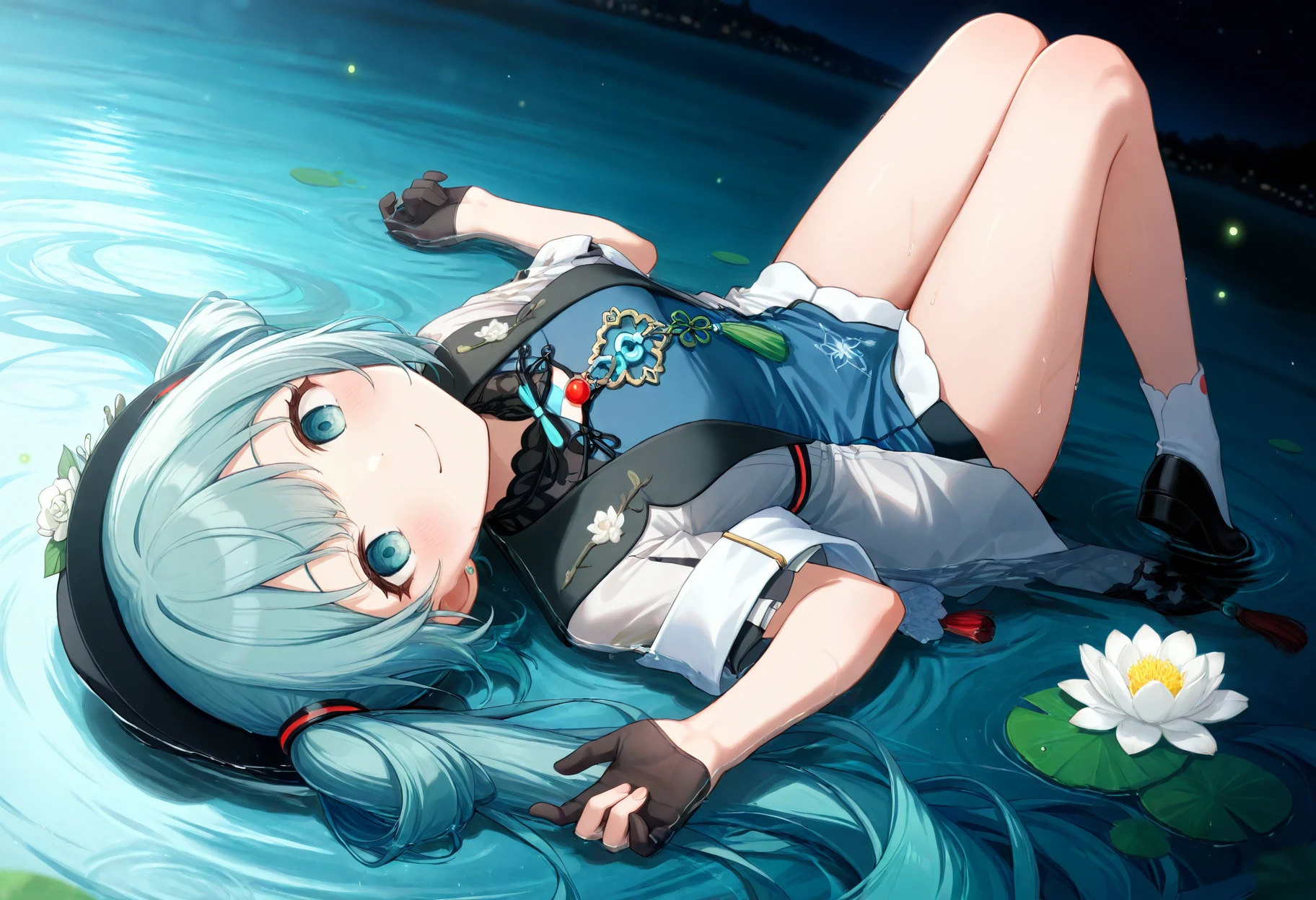 1girl, solo,
hatsune miku \(miku with you 2021\), 1girl, hatsune miku, very long aqua hair, hair rings, aqua eyes, twintails, black headwear, hat flower, white rose, black half gloves, chinese clothes, jewelry, blue dress, shawl, tassel, white socks, black footwear, bare legs,
lying, lying on water surface, on back, floating hair, wet, wet clothes, water, reflection, reflective water, ripples, water lily flower, fireflies,
empty eyes, hypnotized eyes, looking at viewer,
smile, blush, aroused,
outdoors, lily pad, pond, lake, night, night sky,
vibrant colors, hyper-detailed,
depth of field, bokeh, blurry background, soft focus, extremely detailed background,
prsk style, project sekai,
masterpiece, high score, great score, very aesthetic, absurdres,
<lora:MikuWithYou2021_anynoob_B:1>