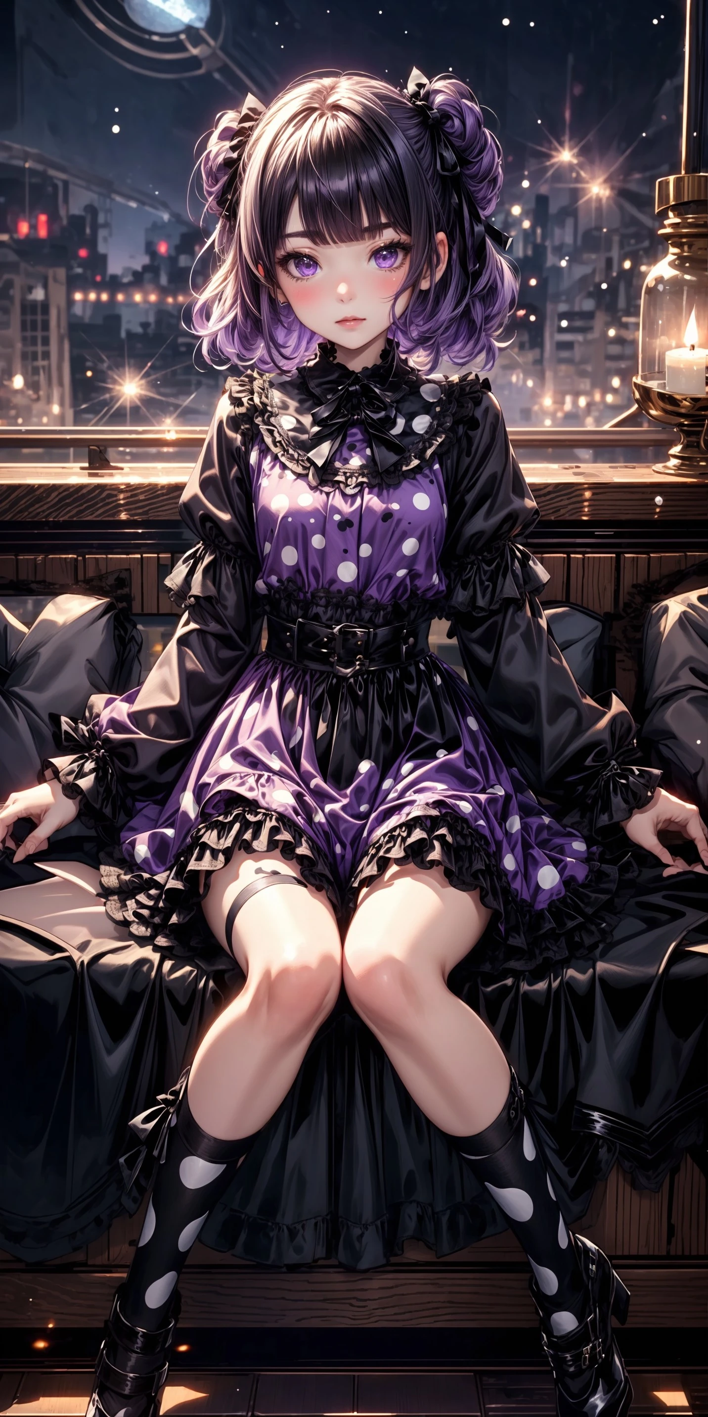 1girl, blushing, full face blushing, purple and black shiny satin puffy dress, black and white lace-trimmed (polka dot_print peter pan collar), black chest ribbon, purple ribbon-trimmed shiny satin sleeves, black long ribbon_trim, (black long ribbon trim on purple shiny satin long sleeves), black and white polka dot print waistband, purple black and white short attached two-tone polka dot print skirt, black lace, black lace trim, black bows, <lora:more_details:0.7>, <lora:scene_:0.5>, <lora:FashionComplexityEnhancerLORAv1:0.4>, <lora:0fcf465d-3682-4e3d-8661-40c6d0fb9e3b:0.6>, <lora:2e7fa73a-6616-4428-8b5f-0e65efaa9198:0.4>, <lora:bar:0.4>, <lora:96073874-f082-4683-942e-601cecac5c40:0.3>, <lora:f7d08feb-f21d-42d0-9ef1-a9481867524d:0.3>, , , , ,