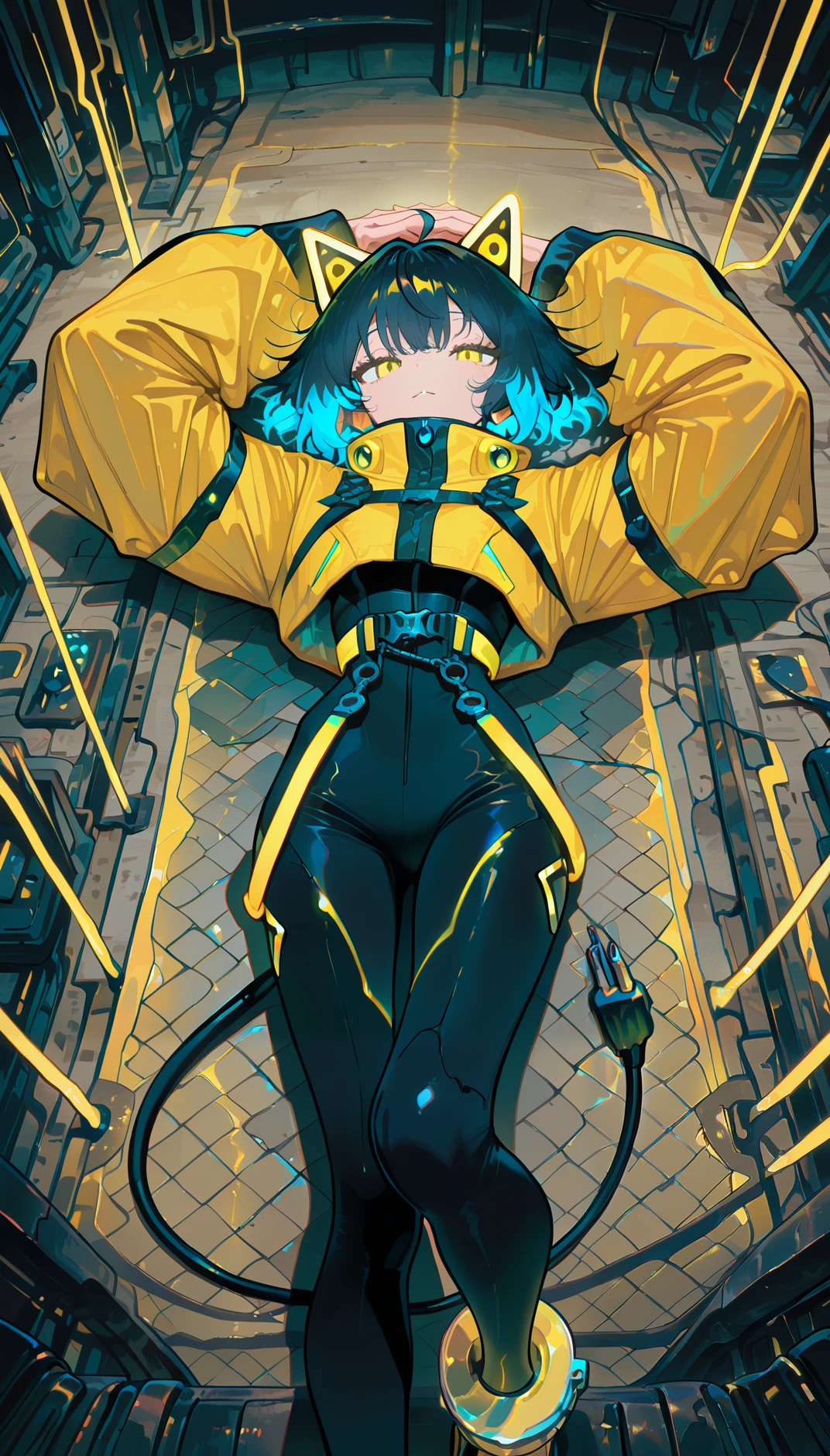 masterpiece, best quality, amazing quality, very aesthetic, absurdres,  newest, scenery,
, charmed face, Lying with hands behind the head, upper body, from below, , electrocat, 1girl, 
black hair, short hair,ahoge,  multicolored hair, yellow highlights, blue highlights, 
cat ears, cyber ears, glowing accents, yellow eyes,
yellow jacket, oversized sleeves, cropped jacket,
black , skin-tight, high-waist belt, utility straps, harness,
futuristic boots, yellow boots, black and yellow shoes, ankle cuffs,
electric plug tail, 
dynamic poses, ,
simple background, , animated, dynamic angle, close-up,portrait, fisheye lens, detailed face,colorful, close-up, masterpiece, best quality, amazing quality, very aesthetic, absurdres, newest, scenery, volumetric lighting