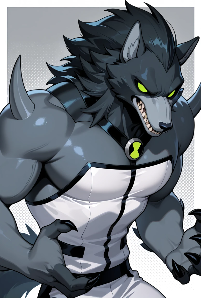 <lora:blitzwolfer-10:1> blitzwolfer, furry, 1boy, solo, furry male, green eyes, wolf boy, sharp teeth, claws, tail, white clothing, black head, black neck, arm spikes, shoulder spikes,, gray snout, dark grey body, strapless, dynamic pose, grey background, masterpiece, best quality, amazing quality, very aesthetic, absurdres, newest,, upper body, halftone effect, white borders, abstract background:1.2,