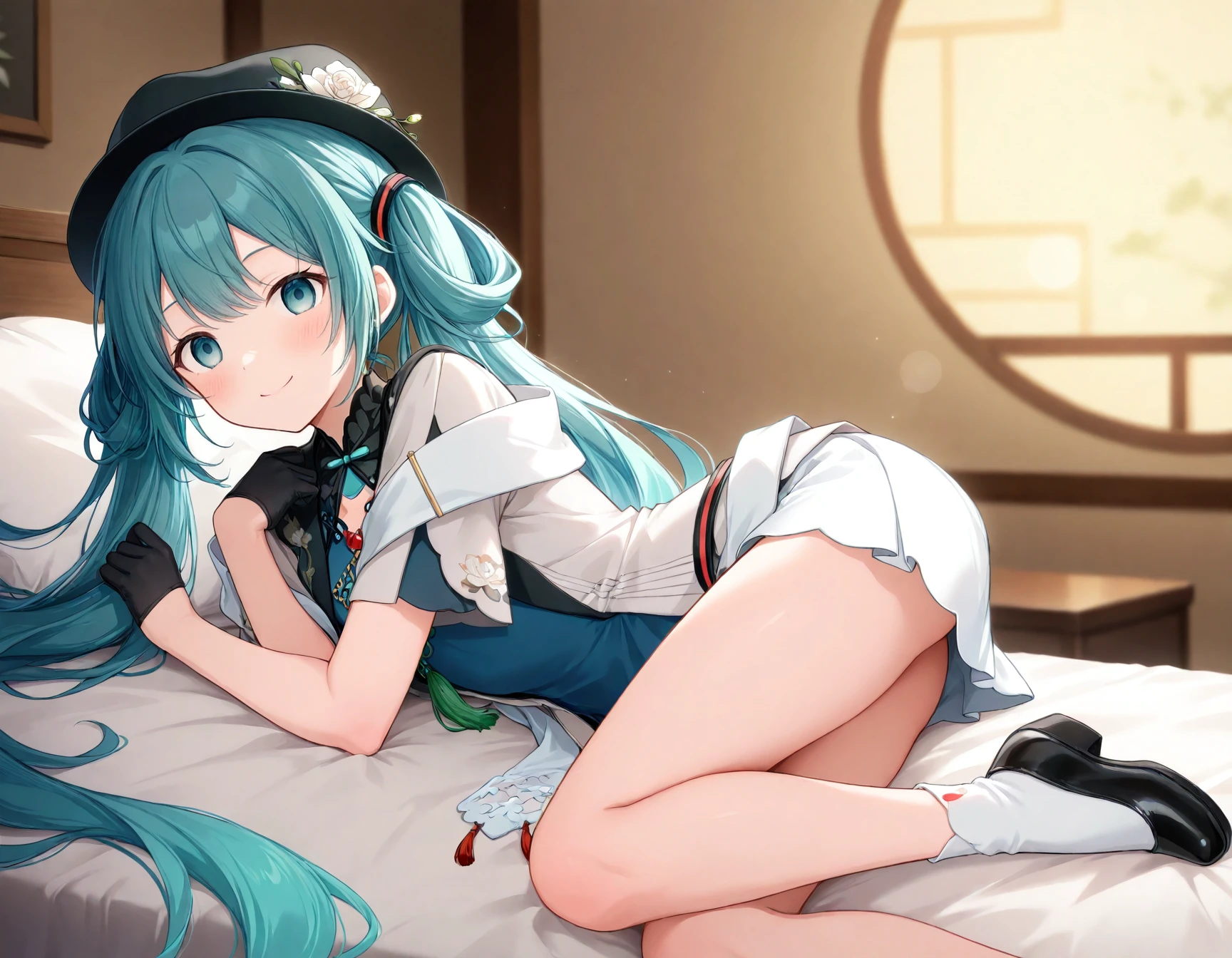 1girl, solo,
hatsune miku \(miku with you 2021\), 1girl, hatsune miku, very long aqua hair, hair rings, aqua eyes, twintails, black headwear, hat flower, white rose, black half gloves, chinese clothes, jewelry, blue dress, shawl, tassel, white socks, black footwear, legs,
lying, on bed,
empty eyes, hypnotized eyes, looking at viewer, from side, dynamic angle,
smile, blush, aroused,
indoors, bedroom,
vibrant colors, hyper-detailed,
depth of field, bokeh, blurry background, soft focus, extremely detailed background,
prsk style, project sekai,
masterpiece, high score, great score, very aesthetic, absurdres,
<lora:MikuWithYou2021_anynoob_B:1>