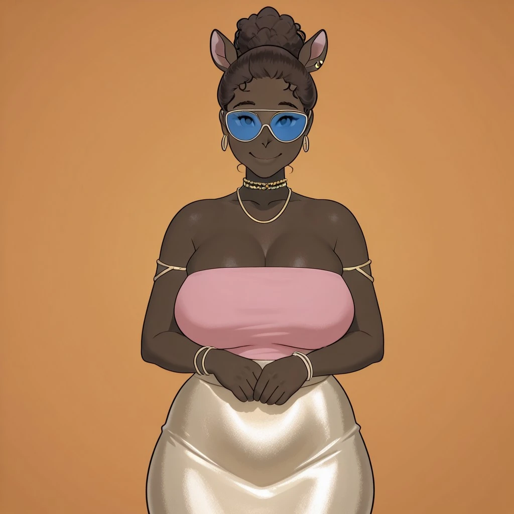 A beautiful woman with dark brown skin and a warm, friendly smile. She has light blue or grey eyes and her dark, curly hair is styled in a high bun. She wears a simple, strapless pink top that covers her huge bust and a rustic, light pink furry wrap or skirt around her big hips. Delicate gold hoop earrings adorn her ears, and she wears a beaded choker necklace in shades of red, orange, and white. Thin, light-colored bands are wrapped around her upper arms and wrists. The style is reminiscent of a digital illustration with soft shading. The background should be a plain, light blue.