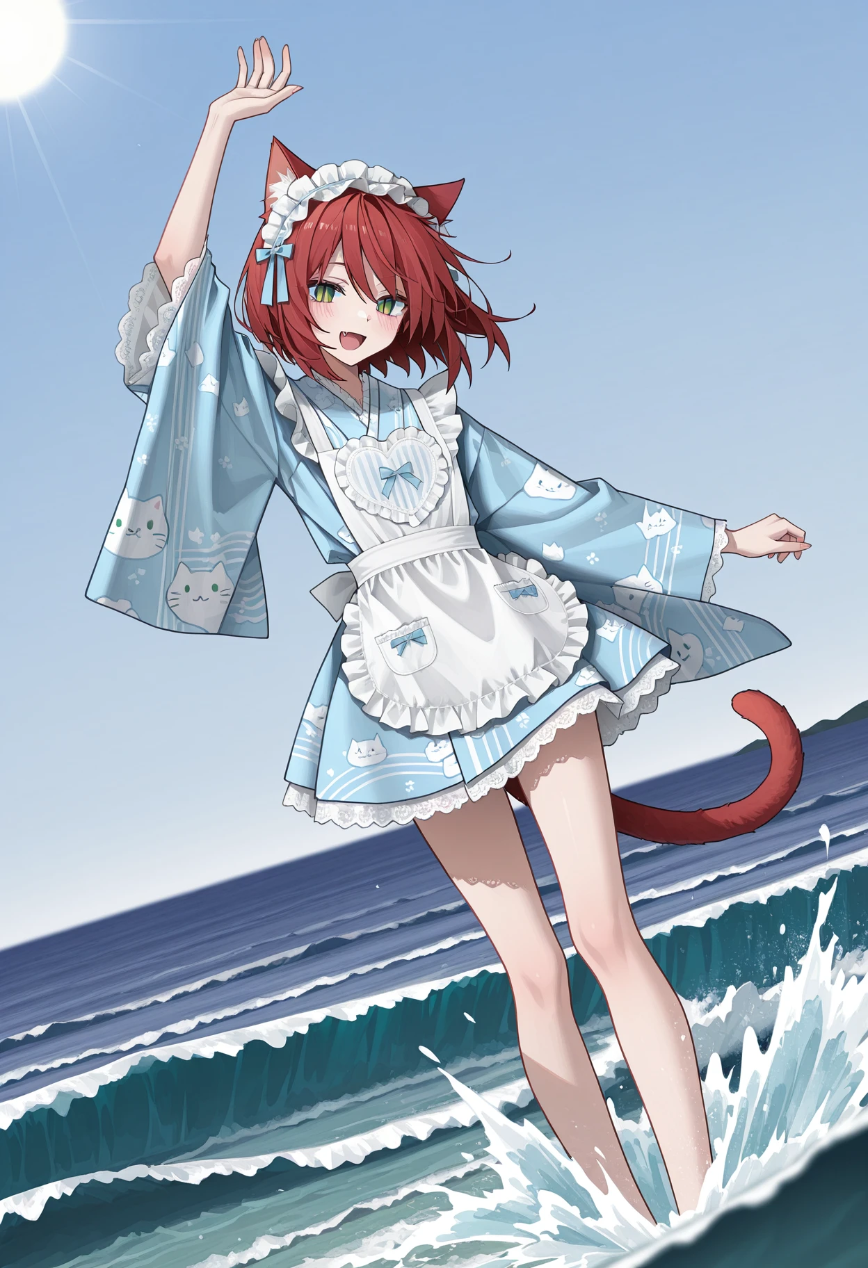 solo, 1boy, trap, flat chest, skinny, catboy, red tail, red cat ears, bob hair, red hair, green eyes, slit pupils,
waves, splashes, floating hair, floating clothes, dutch angle, looking at viewer,
open mouth, fang, smile, full body, blush, arm up,
ocean, blue sky, sun
<lora:AmyBentonMaidIL:1>,amybentonmaid12, japanese clothes, kimono, print kimono, short kimono, animal and strips print, white apron, lace, frills, heart print on apron, blue kimono, headdress,
masterpiece,best quality,amazing quality, <lora:lmia4IL-style:0.8>, llmia4,