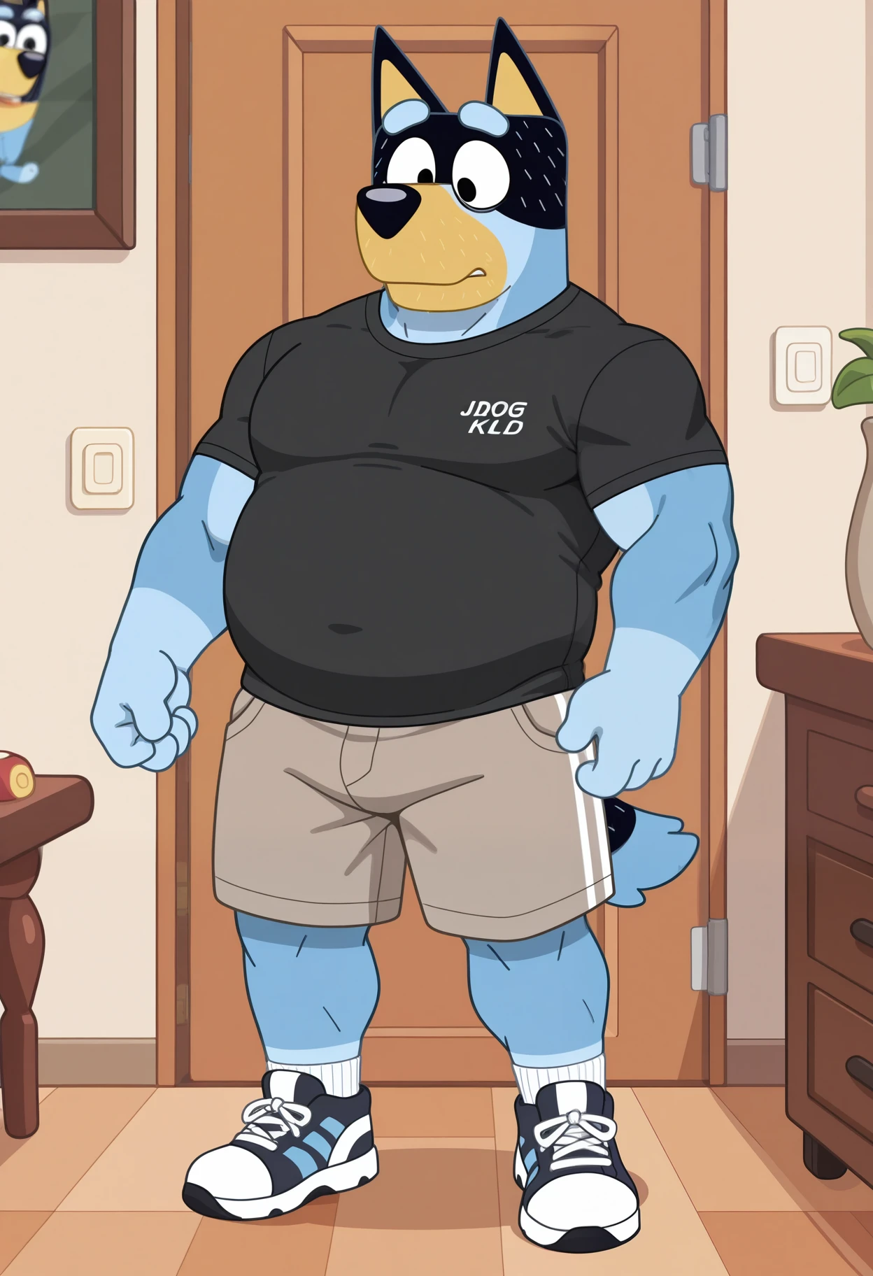 masterpiece,best quality,amazing quality, 1boy, solo, b4nd1t, anthro, dog, mature male, musclegut, multicolored fur, black eyes, shirt, shorts, shoes, full body,