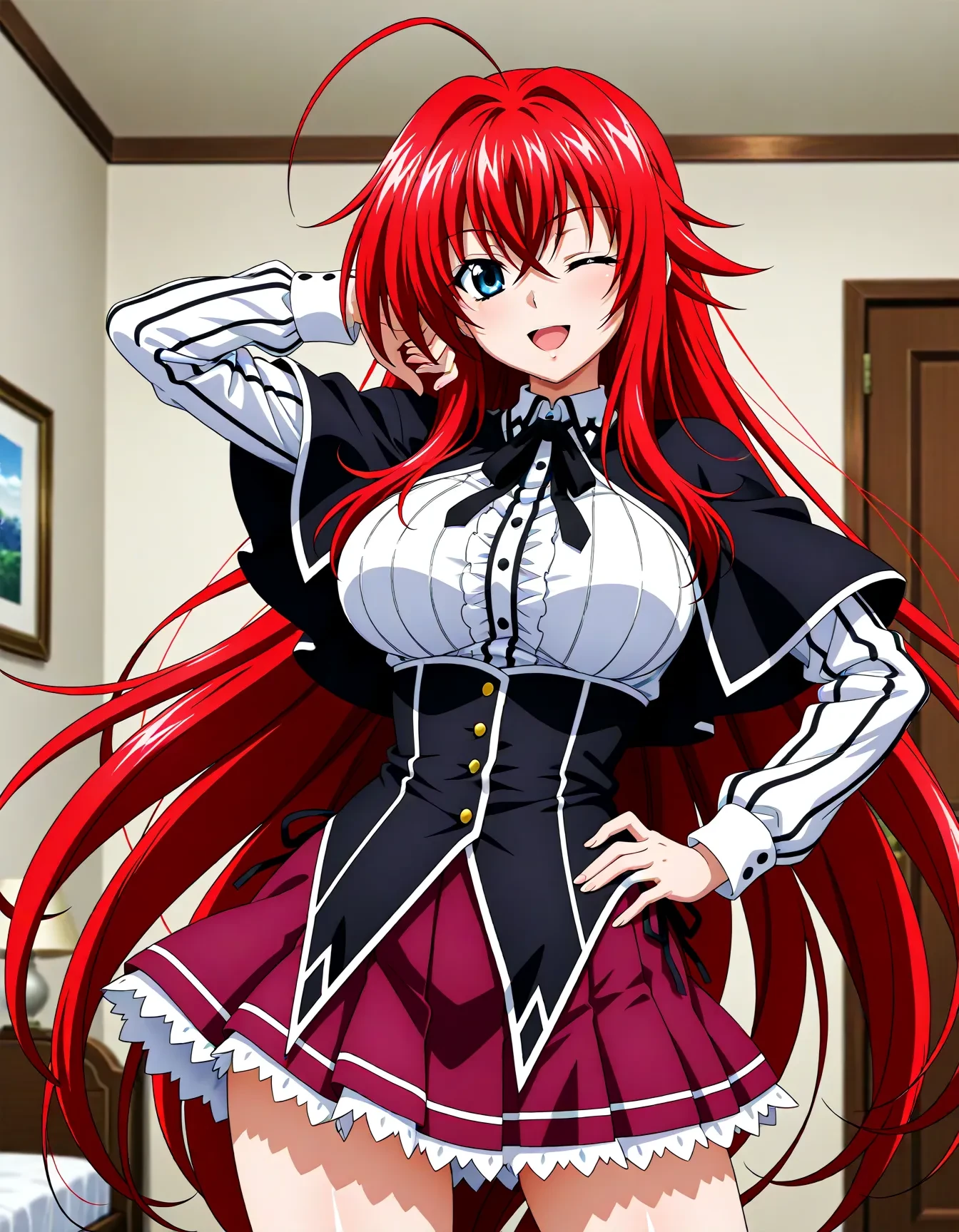 <lora:dmd2_sdxl_4step:1>,1girl,official style,masterpiece,best quality,newest,very aesthetic,highly detailed,high resolution,absurdres,highres,depth of field,super detailed skin,very awa,Anime,anime coloring,anime screencap,rias gremory,very long hair,red hair,blue eyes,ahoge,crossed bangs,<lora:rias_gremory_V1:1>,black capelet,striped shirt,white shirt,neck ribbon,black ribbon,long sleeves,black corset,buttons,pleated skirt,frilled skirt,purple skirt,stylish_pose,smile,posing,open mouth,one eye closed,bedroom,