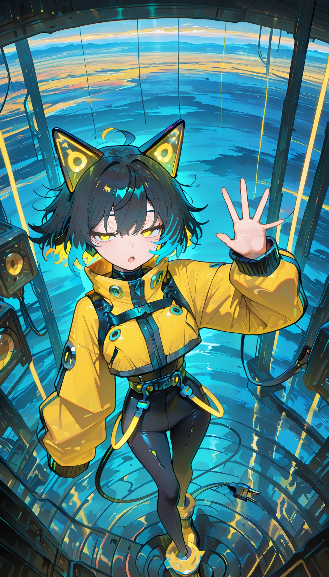 masterpiece, best quality, amazing quality, very aesthetic, absurdres, newest, scenery,
, ;o,half-closed eyes, open mouth, Standing with one hand waving, upper body, from above, , electrocat, 1girl,
black hair, short hair,blue ahoge, multicolored hair, yellow highlights, blue highlights,
cat ears, cyber ears, glowing accents, yellow eyes,
yellow jacket, oversized sleeves, cropped jacket,
black , skin-tight, high-waist belt, utility straps, harness,
futuristic boots, yellow boots, black and yellow shoes, ankle cuffs,
electric plug tail,
dynamic poses, ,
simple background, , animated, dynamic angle, close-up,portrait, fisheye lens, detailed face,colorful, close-up, masterpiece, best quality, amazing quality, very aesthetic, absurdres, newest, scenery, volumetric lighting