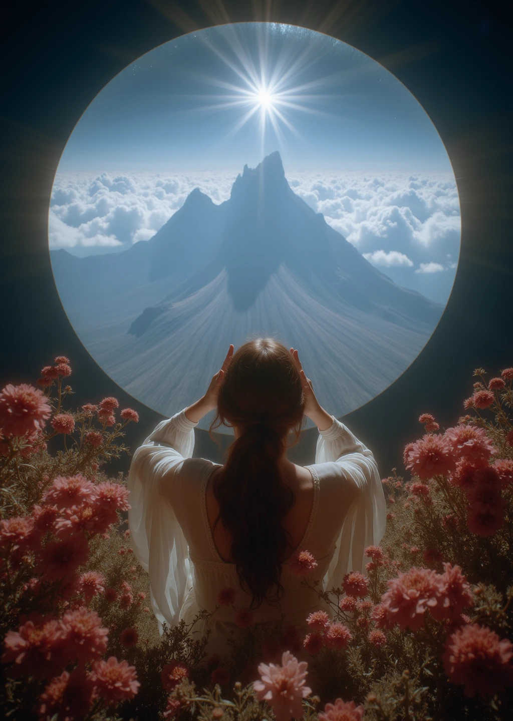 a photograph of a person from the back looking out into a distant scene of a mountain range with their hands on the sides of their head like they can't believe what they are seeing, they are surrounded by wildflowers, the sky is filled with puffy clouds and blue skies, glowing, shimmering, dramatic spotlight, retro-futuristic synthwave vibe, high detail, 8k, studio lighting, dark background