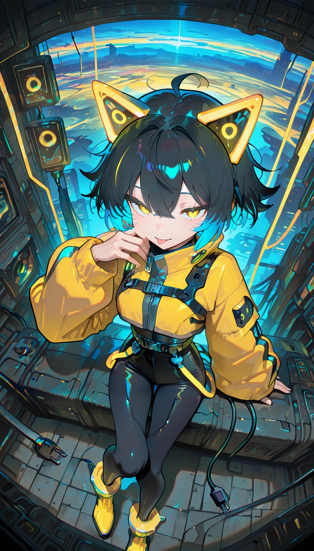 masterpiece, best quality, amazing quality, very aesthetic, absurdres, newest, scenery,
, ;p, Sitting, leaning on one hand, full body, from above, , electrocat, 1girl,
black hair, short hair,blue ahoge, multicolored hair, yellow highlights, blue highlights,
cat ears, cyber ears, glowing accents, yellow eyes,
yellow jacket, oversized sleeves, cropped jacket,
black , skin-tight, high-waist belt, utility straps, harness,
futuristic boots, yellow boots, black and yellow shoes, ankle cuffs,
electric plug tail,
dynamic poses, ,
simple background, , animated, dynamic angle, close-up,portrait, fisheye lens, detailed face,colorful, close-up, masterpiece, best quality, amazing quality, very aesthetic, absurdres, newest, scenery, volumetric lighting