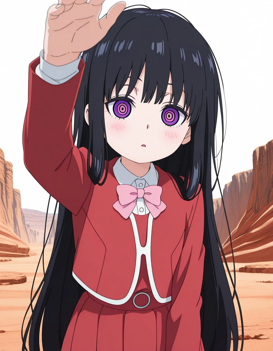 masterpiece, best quality, amazing quality,, <lora:oto-adashino-s1-illustriousxl-lora-nochekaiser:1>, oto adashino, long hair, bangs, black hair, very long hair, purple eyes, ringed eyes, anime screencap, skirt, shirt, long sleeves, bow, jacket, white shirt, bowtie, red skirt, pink bow, red jacket, pink bowtie,, <lora:incoming-headpat-illustriousxl-lora-nochekaiser:1>, incoming headpat, headpat, pov, outstretched arm, reaching, reaching towards viewer, looking at viewer, parted lips, blush, canyon, cliffs, desert, rocky, open, cowboy shot, solo, looking at viewer, <lora:transparent-background-illustriousxl-lora-nochekaiser:1>, transparent background, simple background, white background