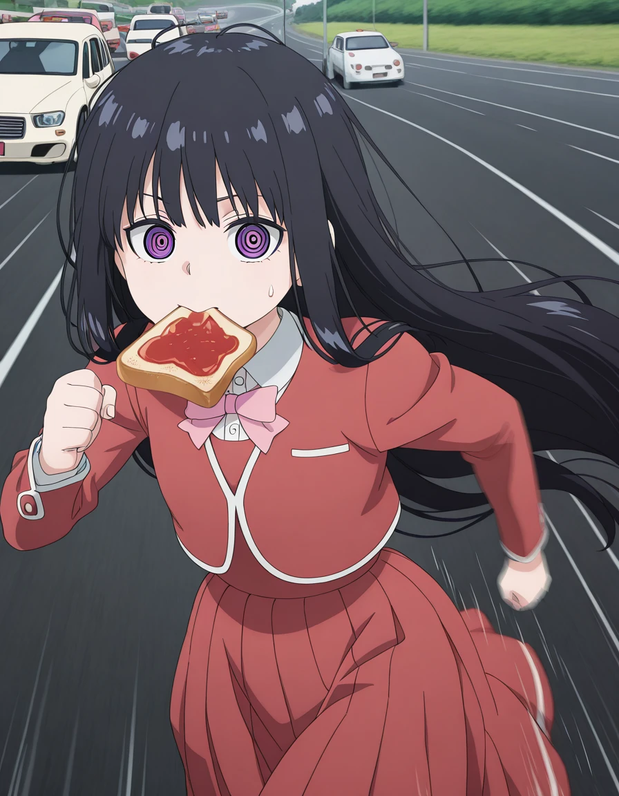 masterpiece, best quality, amazing quality,, <lora:oto-adashino-s1-illustriousxl-lora-nochekaiser:1>, oto adashino, long hair, bangs, black hair, very long hair, purple eyes, ringed eyes, anime screencap, skirt, shirt, long sleeves, bow, jacket, white shirt, bowtie, red skirt, pink bow, red jacket, pink bowtie,, <lora:food-in-mouth-running-illustriousxl-lora-nochekaiser:1>, food in mouth running, food in mouth, running, bread, bread slice, food, toast in mouth, toast, sweatdrop, motion lines, motion blur, outdoors,, road, cars, asphalt, travel, speed, cowboy shot, solo, looking at viewer,