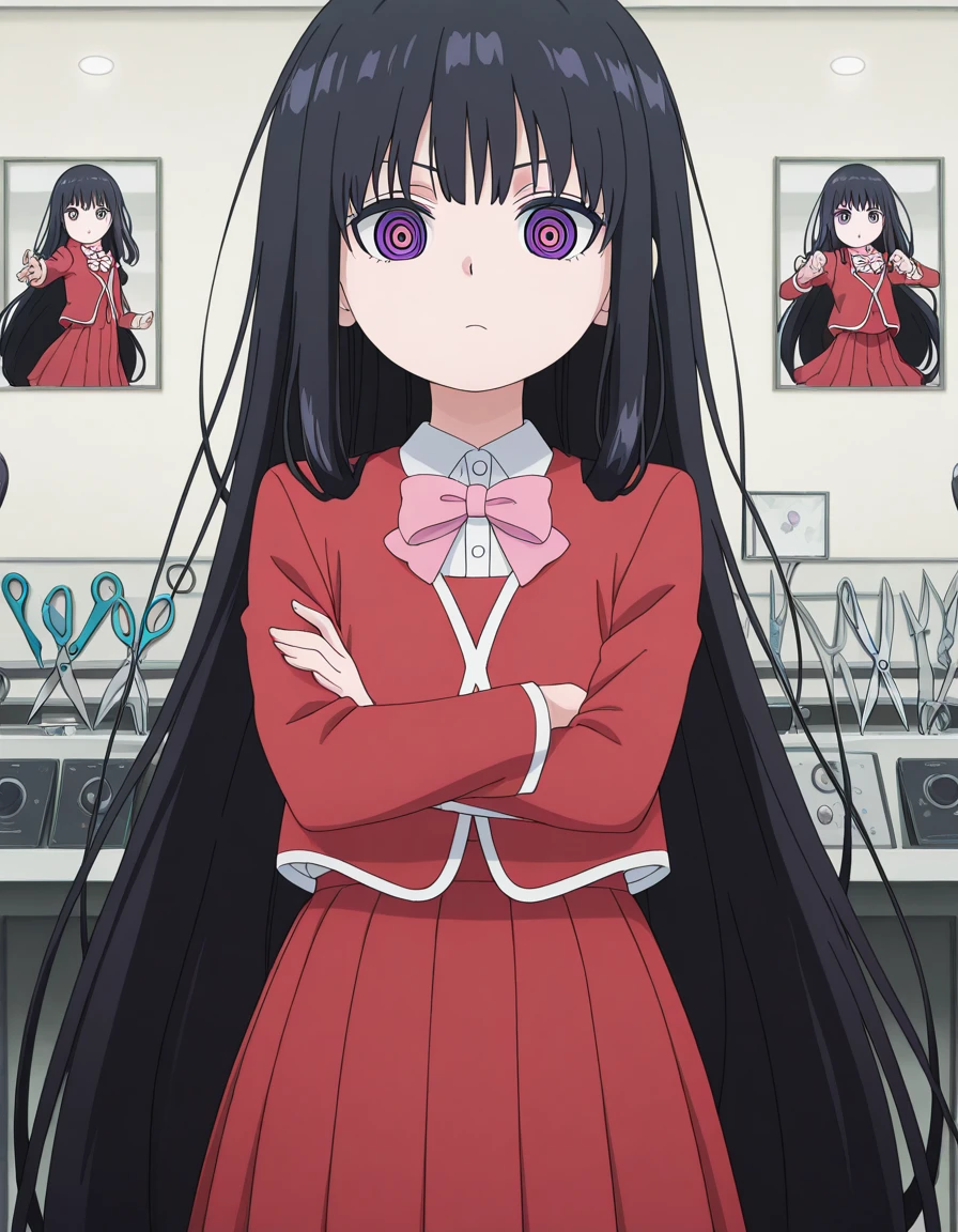 masterpiece, best quality, amazing quality,, <lora:oto-adashino-s1-illustriousxl-lora-nochekaiser:1>, oto adashino, long hair, bangs, black hair, very long hair, purple eyes, ringed eyes, anime screencap, skirt, shirt, long sleeves, bow, jacket, white shirt, bowtie, red skirt, pink bow, red jacket, pink bowtie,, <lora:dynamic-pose-illustriousxl-lora-nochekaiser:1>, dynamic pose, cowboy shot, salon, chairs, mirrors, scissors, beauty, cowboy shot, solo, looking at viewer,