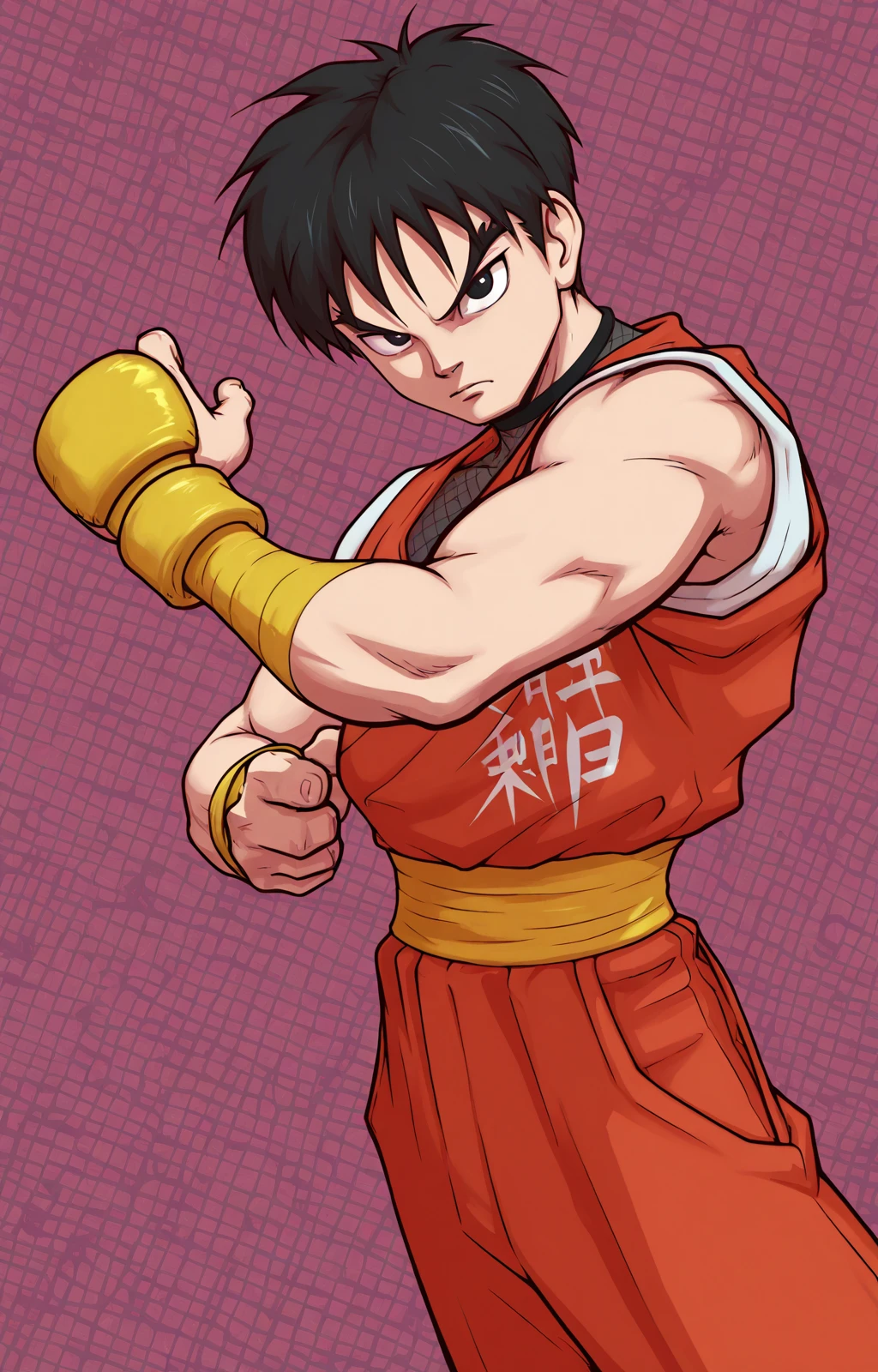 masterpiece, best quality, amazing quality, dutch angle, abstract background, BREAK
fighting stance, BREAK
1boy, solo, male focus, sf_guy, black hair, thick eyebrows, short hair, black eyes, mesh shirt, red dougi, BREAK
<lora:Guy - Street Fighter - ILXL:1>, <lora:koyama01rw:0.8> <lora:VonBoche_-_Style-000007:0.8> vonboche