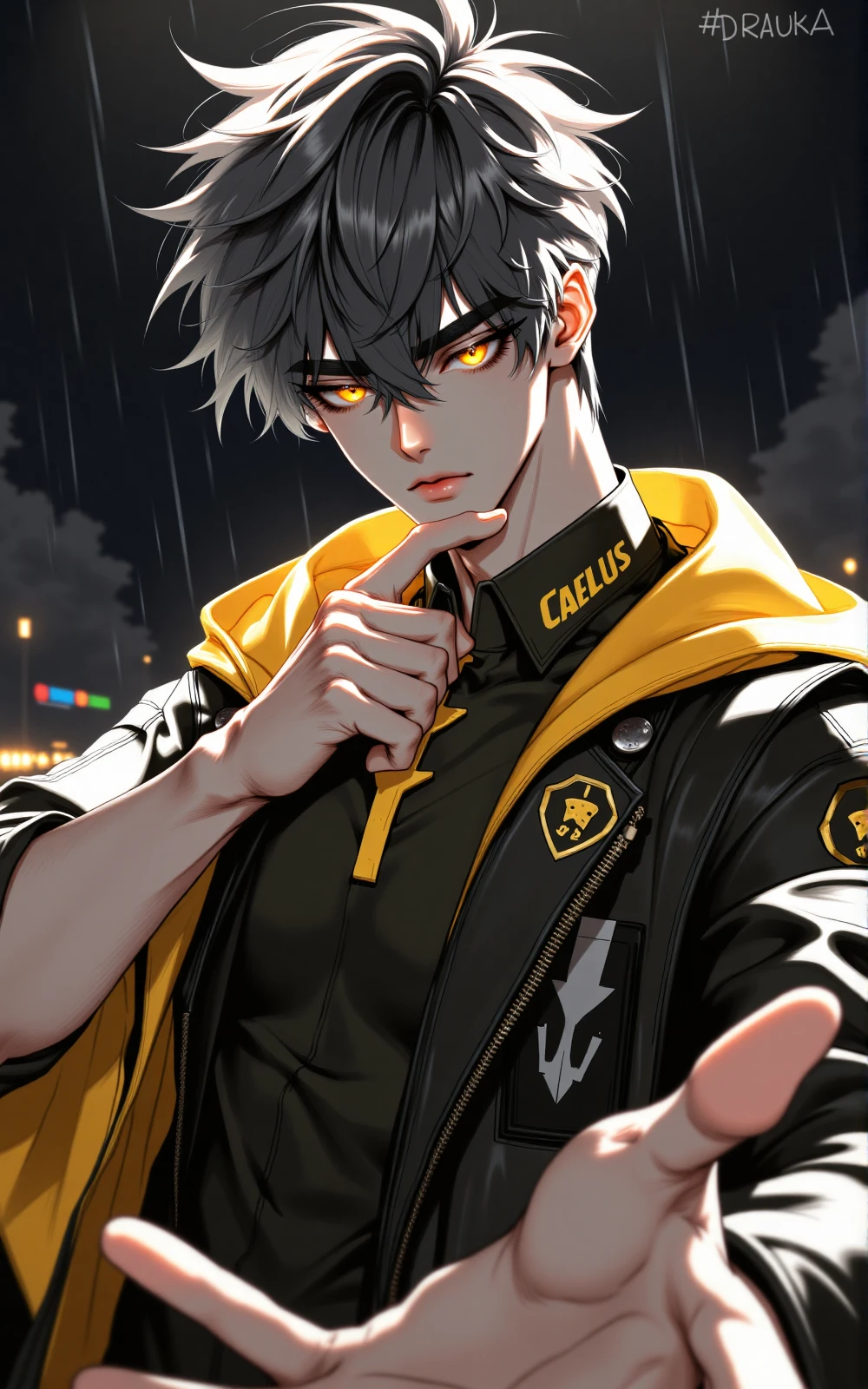 Masterpiece, the best quality, Perfect Hands, perfect face, perfect eyes, In the vibrant world of At the Gates, Viktorija Moody's Game art, Amber and Resplendent Dynamic captures a moment,
((1guy)), dark gray hair, ((male accent)), solo, looking at viewer, short hair, bangs, yellow eyes, shirt, hair between eyes, closed mouth, jacket, upper body, outdoors, open clothes, blurry, open jacket, lips, black jacket, black shirt, depth of field, blurry background, outstretched arm, zipper, rain, pocket, outstretched hand, realistic, nose, reaching towards viewer, breast pocket, leather, leather jacket, a close-up of an anime character ((Caelus)), is depicted in a vibrant vibrant pose. The character's face is adorned with yellow eyes, a black leather jacket, adorned with white lettering, adding a pop of color to the scene. The background is blurred, creating a stark contrast to the character's outfit.
with a text in the upper right corner that reads "DRAUKA".
volumetric lighting, brutalism. Framed at 270mm with a shallow depth of field.
art, colored pencil, sketch, painting, paper texture, long contrasting eyelashes, thick contrasting eyebrows, lowered eyelashes