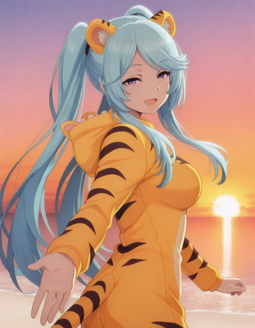 masterpiece, best quality, amazing quality,, <lora:shadow-epsilon-s1-illustriousxl-lora-nochekaiser:1>, epsilon, long hair, twintails, blue hair, purple eyes, sidelocks, mature female, medium breasts, anime screencap, <lora:kigurumi-illustriousxl-lora-nochekaiser:1>, kigurumi, animal hood, animal costume, cosplay, tiger costume,, <lora:looking-back-reaching-towards-viewer-illustriousxl-lora-nochekaiser:1>, looking back reaching towards viewer, looking at viewer, smile, looking back, open mouth, reaching towards viewer, beach, half-closed eyes, cowboy shot, sunset, ,