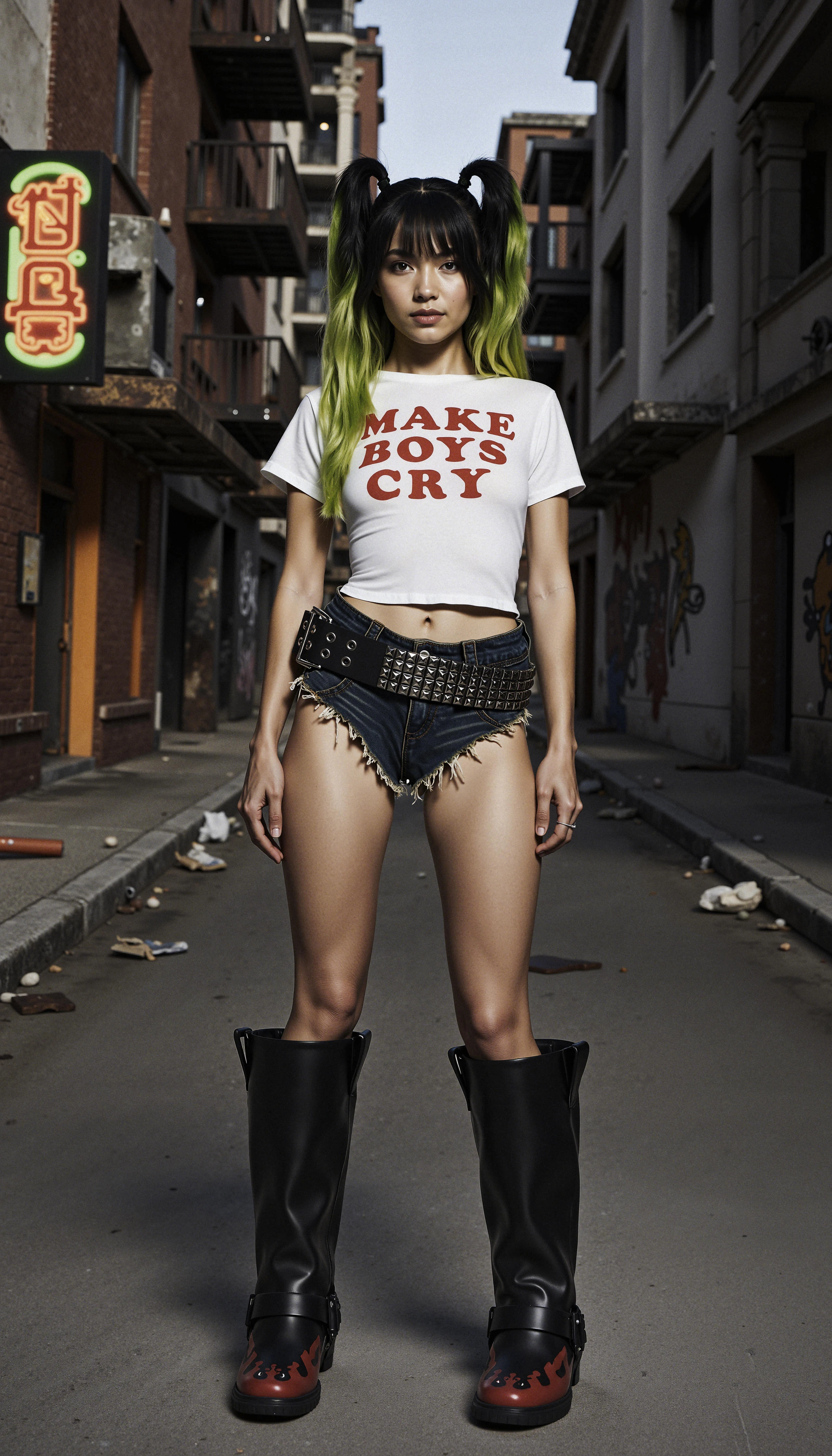 "clothing": {
"top": {
"type": "white t-shirt",
"color": "white",
"fit": "oversized, slightly structured",
"details": "red lettering 'Make Boys Cry' on the front"
},
"bottom": {
"type": "denim hotpants",
"color": "blue",
"fit": "short, fitted",
"details": "frayed hem"
},
"accessory": {
"type": "large black belt",
"fit": "worn at the waist",
"details": "bold, statement buckle"
}