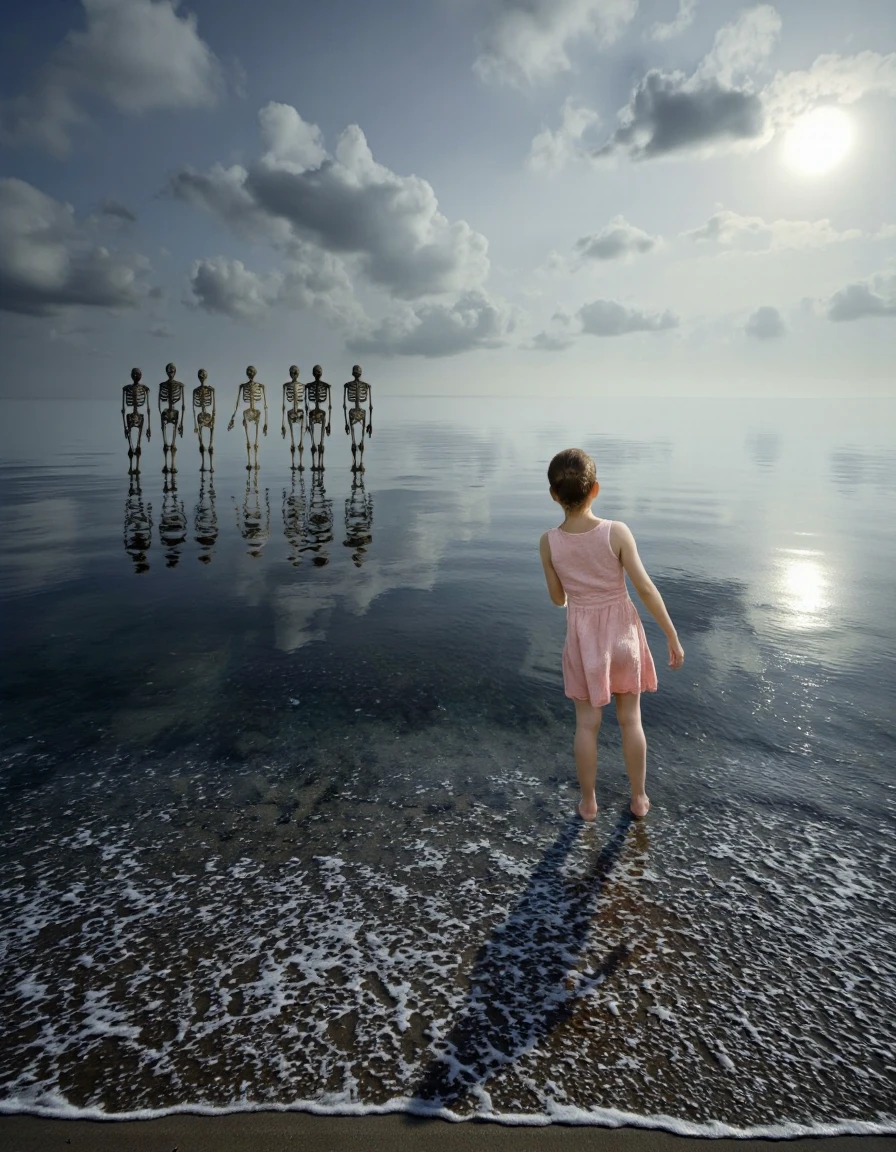 AlaMagna Style. 
A surreal photograph of a girl standing in shallow water at the edge of a beach, looking out at the vast expanse of the ocean. She is wearing a pink dress and has a slender physique. The sky is filled with dark, stormy clouds and the sun is shining brightly, casting a warm glow over the scene. On the left side of the image, a line of skeletal figures are reflected in the water, creating a sense of depth and movement. The girl is standing with her back to the viewer, taking in the vastness of the sea. The image has a dreamy, ethereal quality to it, with a soft, muted color palette. The overall mood is peaceful and serene.