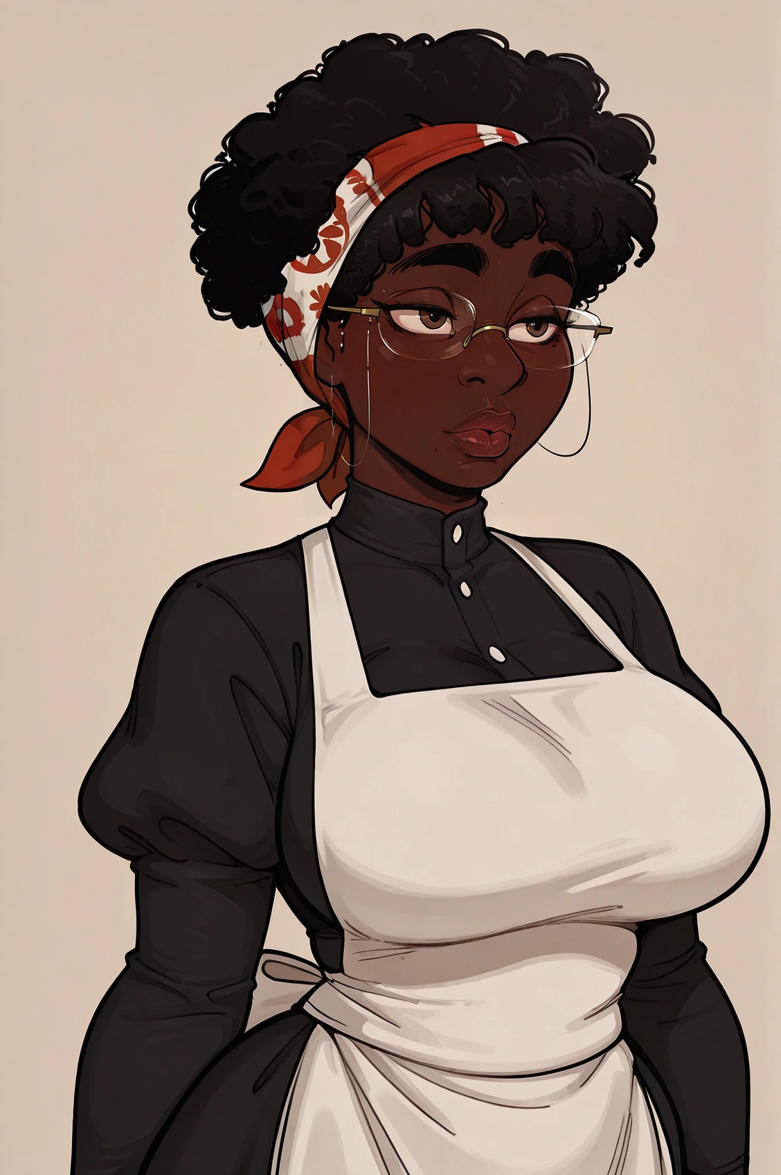 masterpiece, best quality, absurdres,
1girl, mature female, , curvy, lips, thick brows,
maid, black dress, puffy sleeves, white apron,
simple background,
 <lora:Ms_Jasmin:0.9> ms_jasmin, dark skin, very dark skin, black hair, brown eyes, afro, bandana, glasses,
