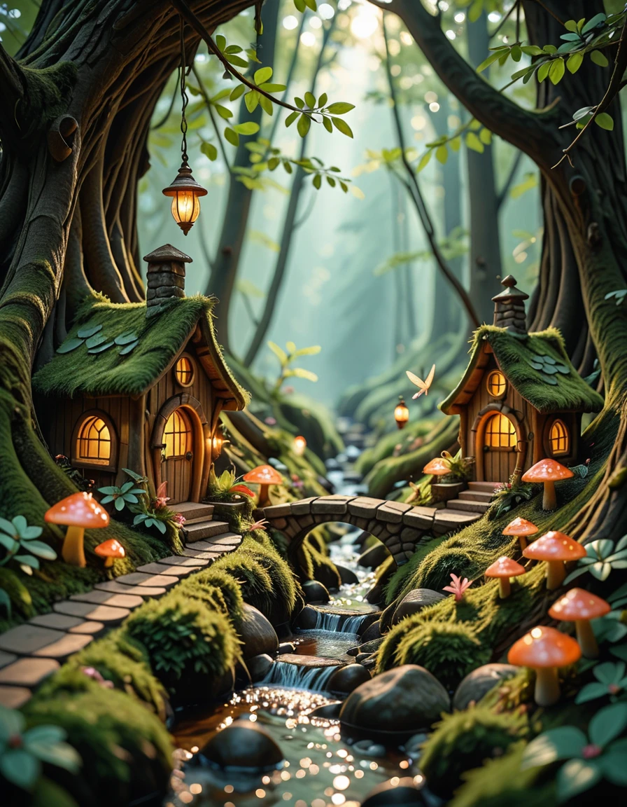 Deep within an enchanted forest, hidden beneath the mossy roots of ancient trees and glowing mushrooms, lies a miniature fairy village. Tiny, luminescent cottages made from acorns, bark, and shimmering crystal leaves are nestled among winding roots and soft green moss. Delicate stone bridges arch over trickling brooks that sparkle with magic-infused water. Lanterns made from hollowed-out firefly shells hang from branches, casting a gentle golden glow across the village paths made of polished pebbles and flower petals. The air is filled with the scent of wildflowers and sweet nectar, and the gentle hum of unseen wings occasionally stirs the leaves. Above, shafts of sunlight break through the dense canopy, illuminating the scene like a dream. Everything feels alive, vibrant, and timelessâas if the forest itself protects and nurtures this hidden, magical haven.miniature fairy v1ll4g3, <lora:miniature_fairy_v1ll4g3-i:1>, Masterpiece,best quality,hi res,8k,hi res,8k,award winning,(sharp focus, intricate, highly detailed),