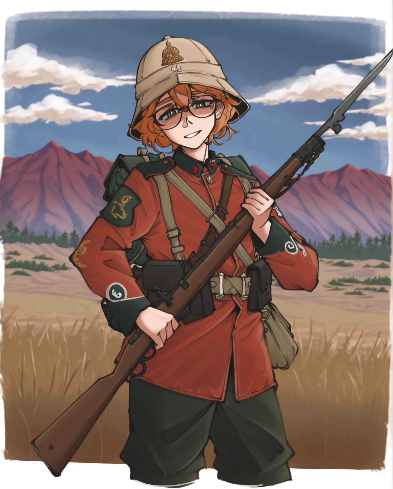 masterpiece, best quality, very aesthetic, detailed face, deatailed body, detailed clothes, detailed eyewear, absurdres, kampfgruppelen,
1boy, solo, androgynous, ginger hair, green eyes, holding rifle,musket,bayonet,hat,standing,long_sleeves,weapon,military_uniform,military,red_jacket,pith helmet,safari helmet,sun helmet,redcoat,victorianera,colonial infantry, blue sky,landscape,backpack,equipment,
scenery, savannah, blurry background, standing, posing,
cowboy shot, cropped torso, cropped arms, looking at viewer, head tilt, (3/4 view:1.2), pupils, smile, parted lips, white background,
<lora:anatomy_helper:1><lora:highresbodyfix_v1:1><lora:StS_Age_Slider_Illustrious_v1_1055288:1><lora:kampfgruppeLen:1><lora:redcoat uniform-v3IL:1>