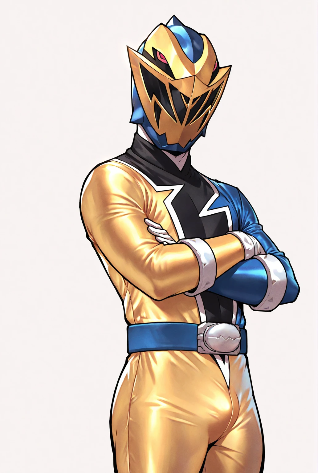very awe,aesthetically pleasing,masterpiece,best quality,amazing quality,very aesthetic,ultra-detailed,high resolution,8k,1boy,solo,cowboy shot,male focus,detailed face,bodysuit,belt,helmet,gloves,yellow bodysuit,blue bodysuit,tokusatsu,yellow pants,mask,standing,crossed arms,bulge,simple background,(white background:1.1),<lora:ryusoul gold:0.8>,ryusoul gold,<lora:LYDart StyleIlluLYCO:0.2>,ydart,