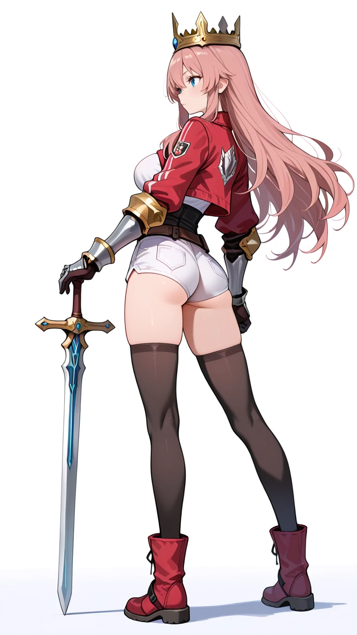 angelina,commoner princess,1girl,solo,thighhighs,blue eyes,metal crown,stainless steel crown,long hair,diy crown,gauntlets,black thighhighs,weapon,shorts,ass,pink hair,boots,white background,brown hair,breasts,simple background,sword,jacket,gloves,full body,large breasts,
masterpiece,best quality,amazing quality,very aesthetic,absurdres,newest,