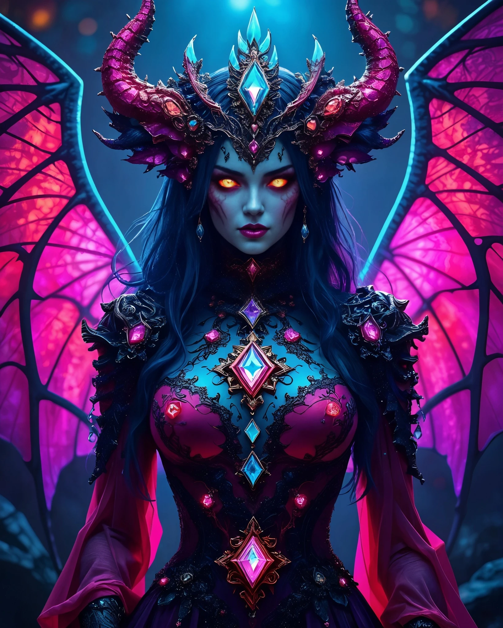 A dramatic fantasy character with striking features, characterized by long, dark blue hair and glowing orange eyes. She wears a form-fitting, intricately designed outfit adorned with large, colorful gemstones and elegant embroidery. Her head is crowned with ornate horns and a jeweled tiara. Large, translucent wings with shades of pink and purple extend from her back, creating a mystical aura. The background features a soft, ethereal glow, enhancing the enchanting atmosphere of the image.