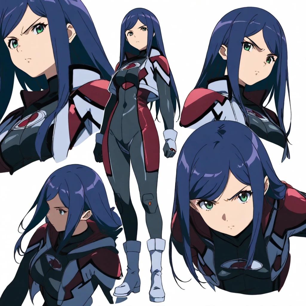 masterpiece,high score,great score,absurdres,solo,anime coloring,looking at viewer,<lora:character_Sheet_XL:0.5> character sheet, multiple views, white background,<lora:KugaNatsuki ag4o:1> kuganatsuki, blue hair, long hair, green eyes,bodysuit,boots,